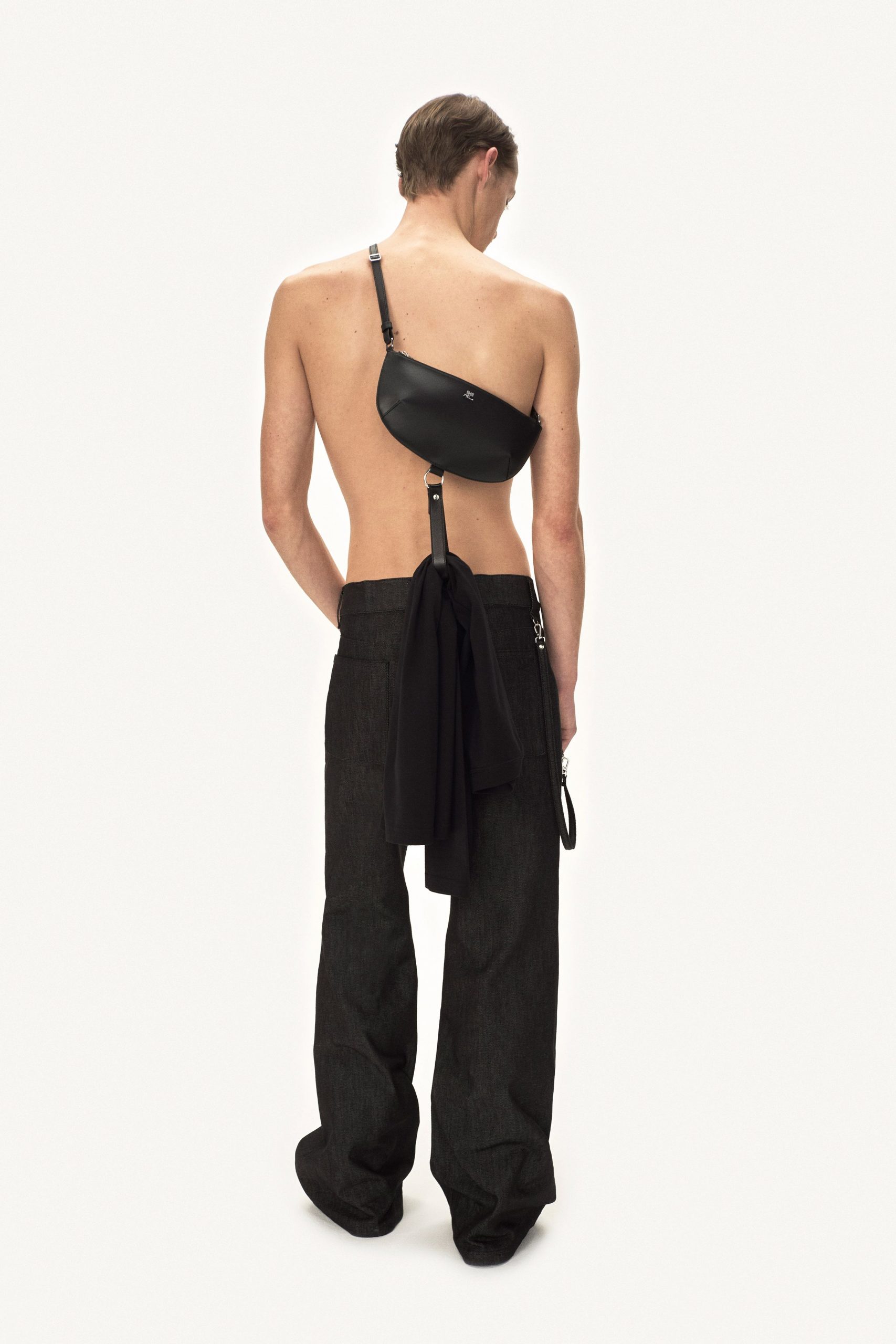 black leather top and black denim pants