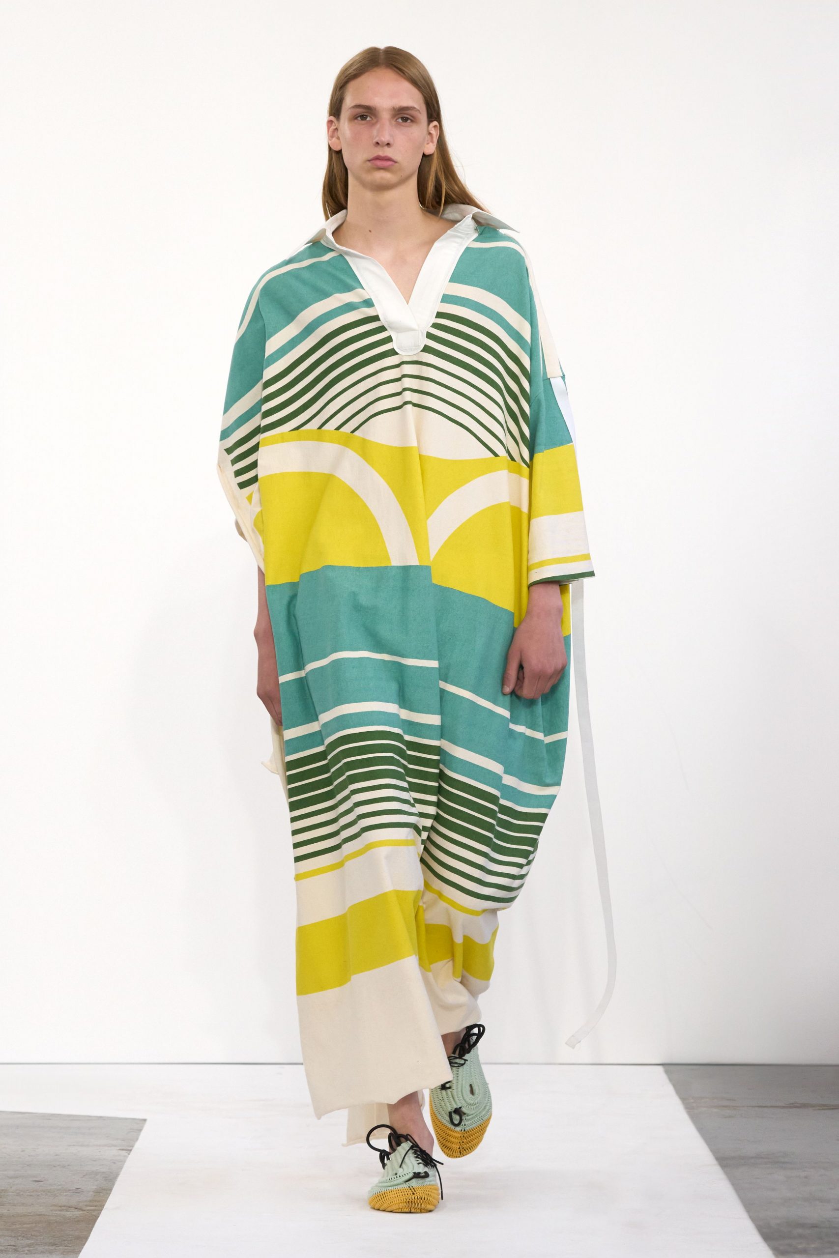 green cotton sleeveless collared relaxed striped maxi dress