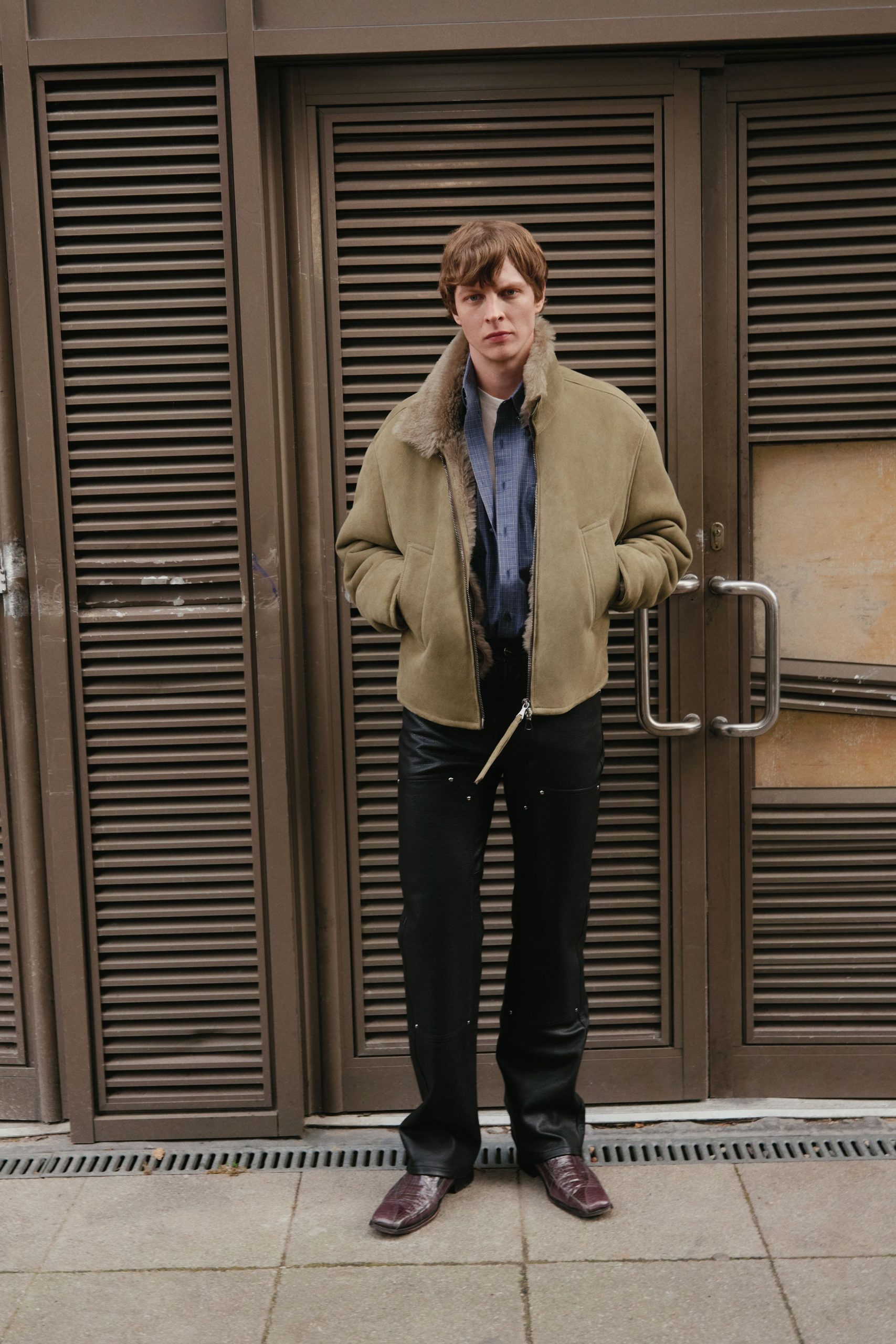 beige suede long-sleeve collared relaxed zippered jacket