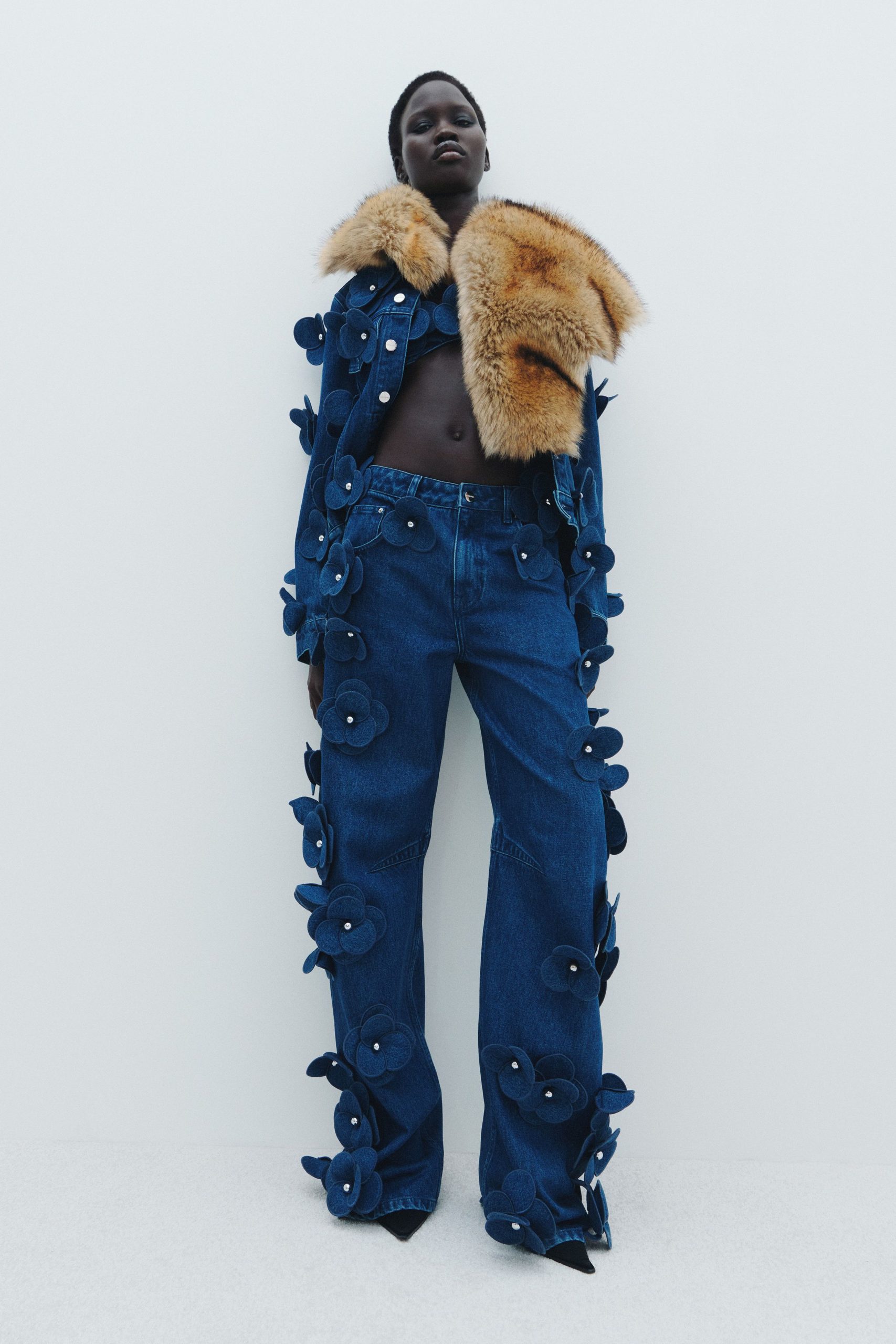 blue denim long-sleeve collared relaxed floral layered jacket