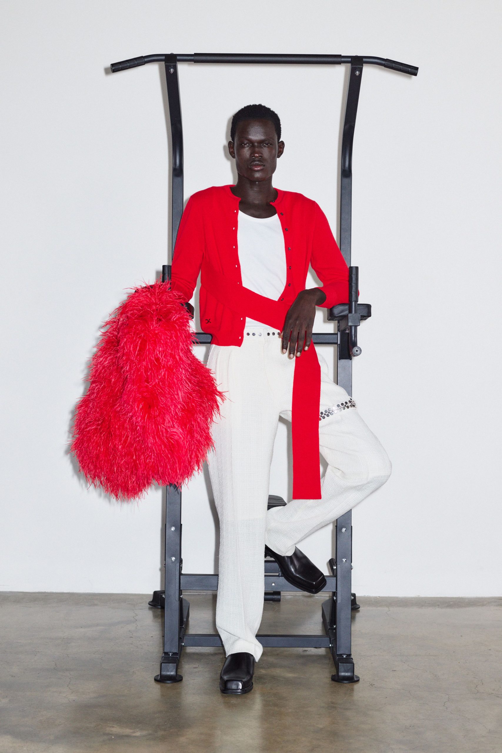 red wool long-sleeve collared fitted cardigan