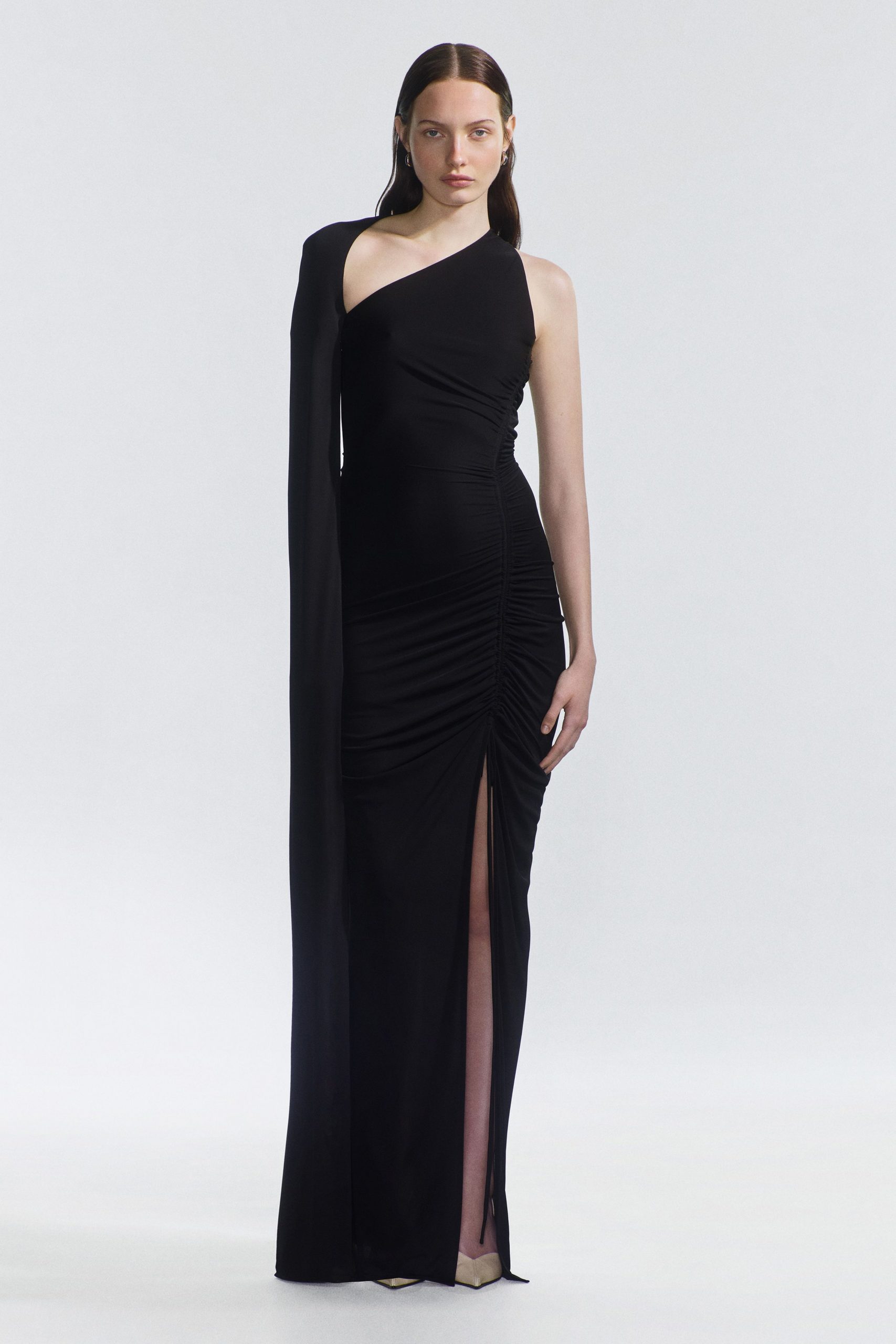 black fitted asymmetric gown