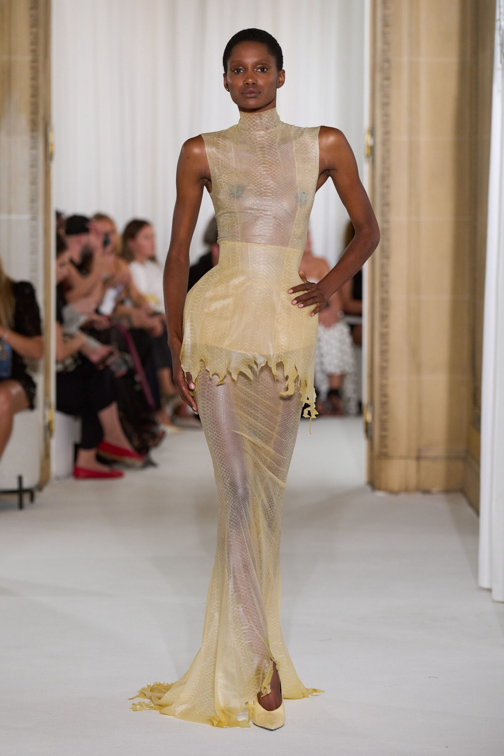 yellow silk sleeveless high-neck fitted draped gown