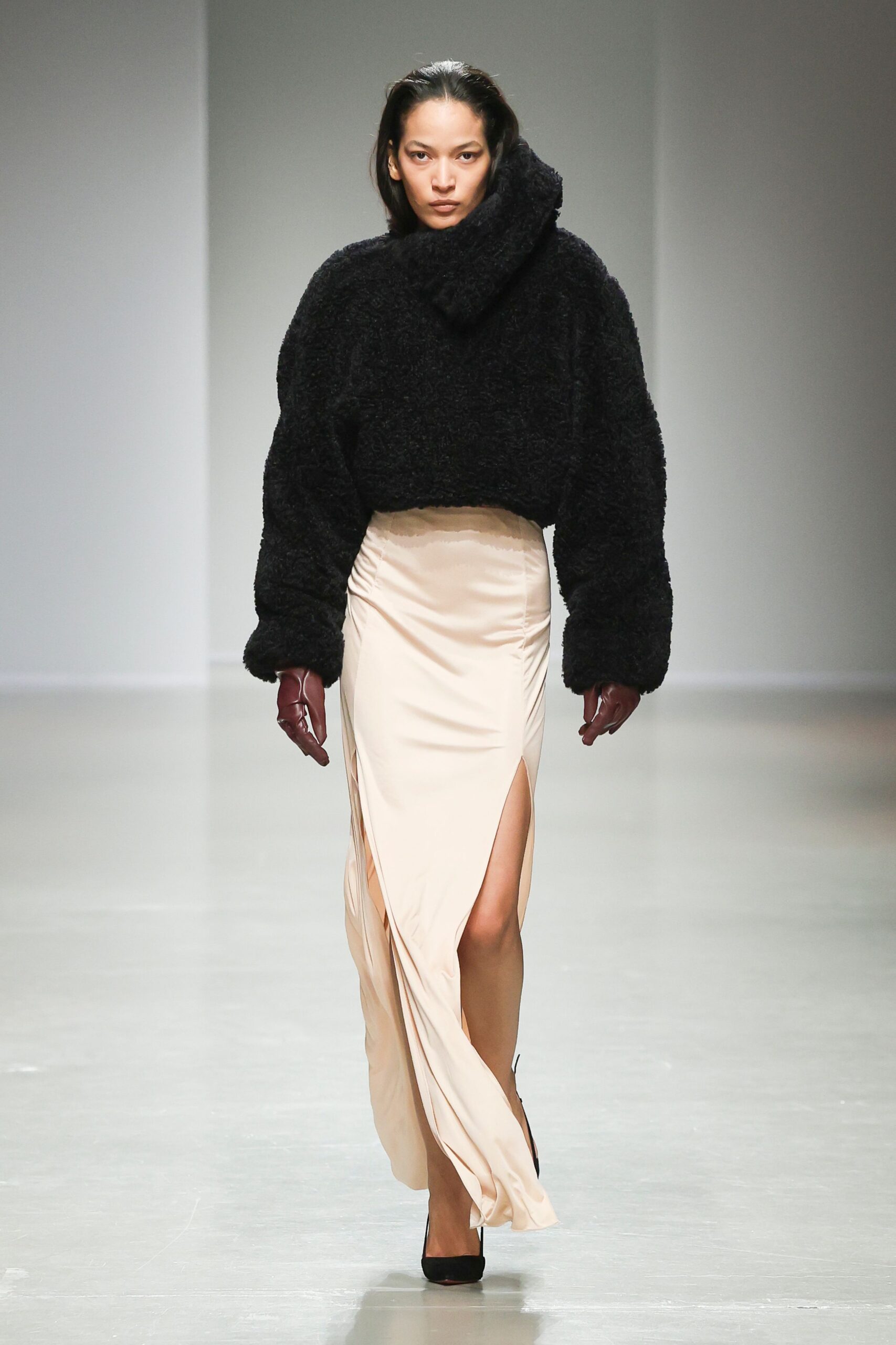 beige silk slit fitted high-waisted draped flowing skirt