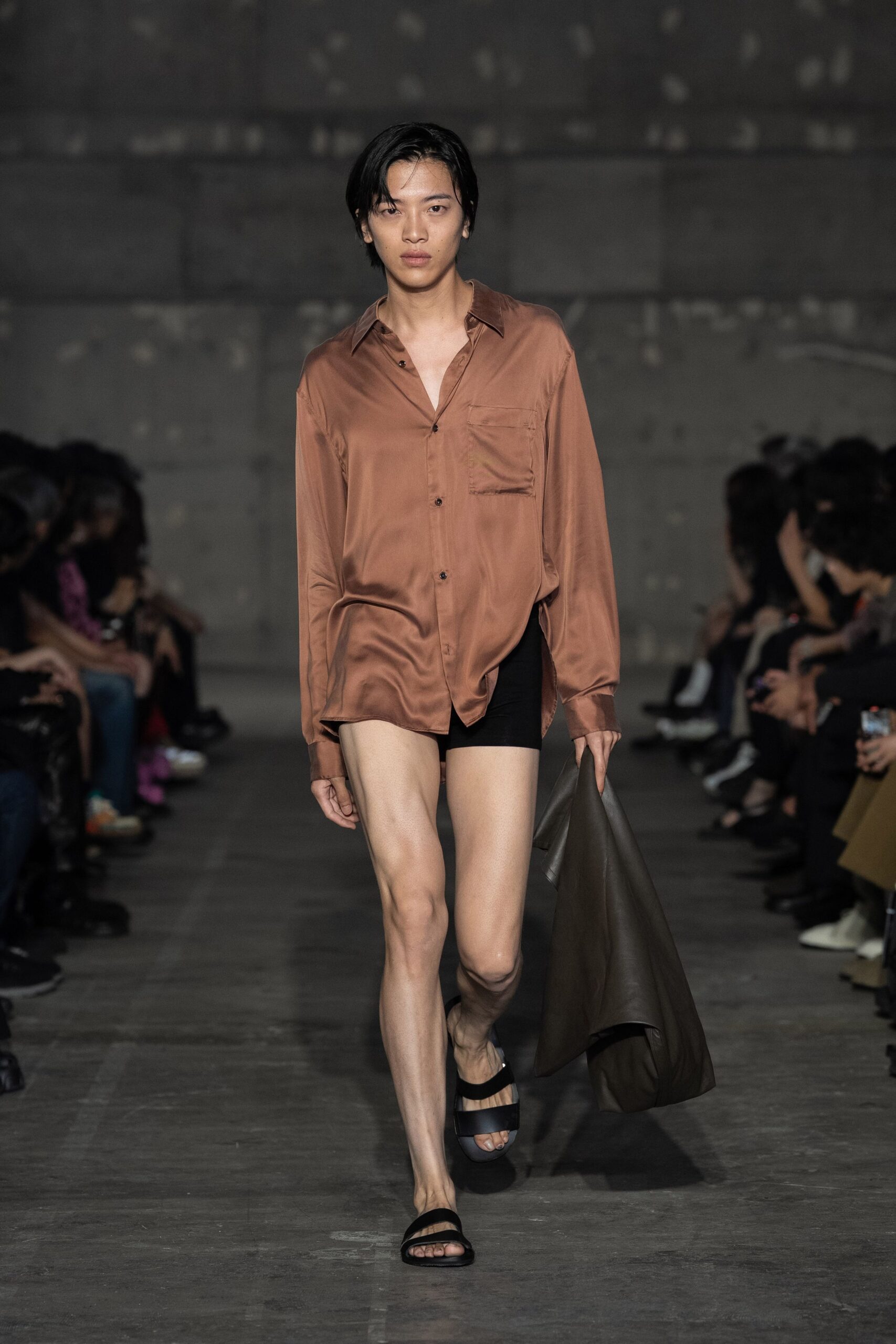 brown silk long-sleeve collared relaxed buttoned pockets shirt