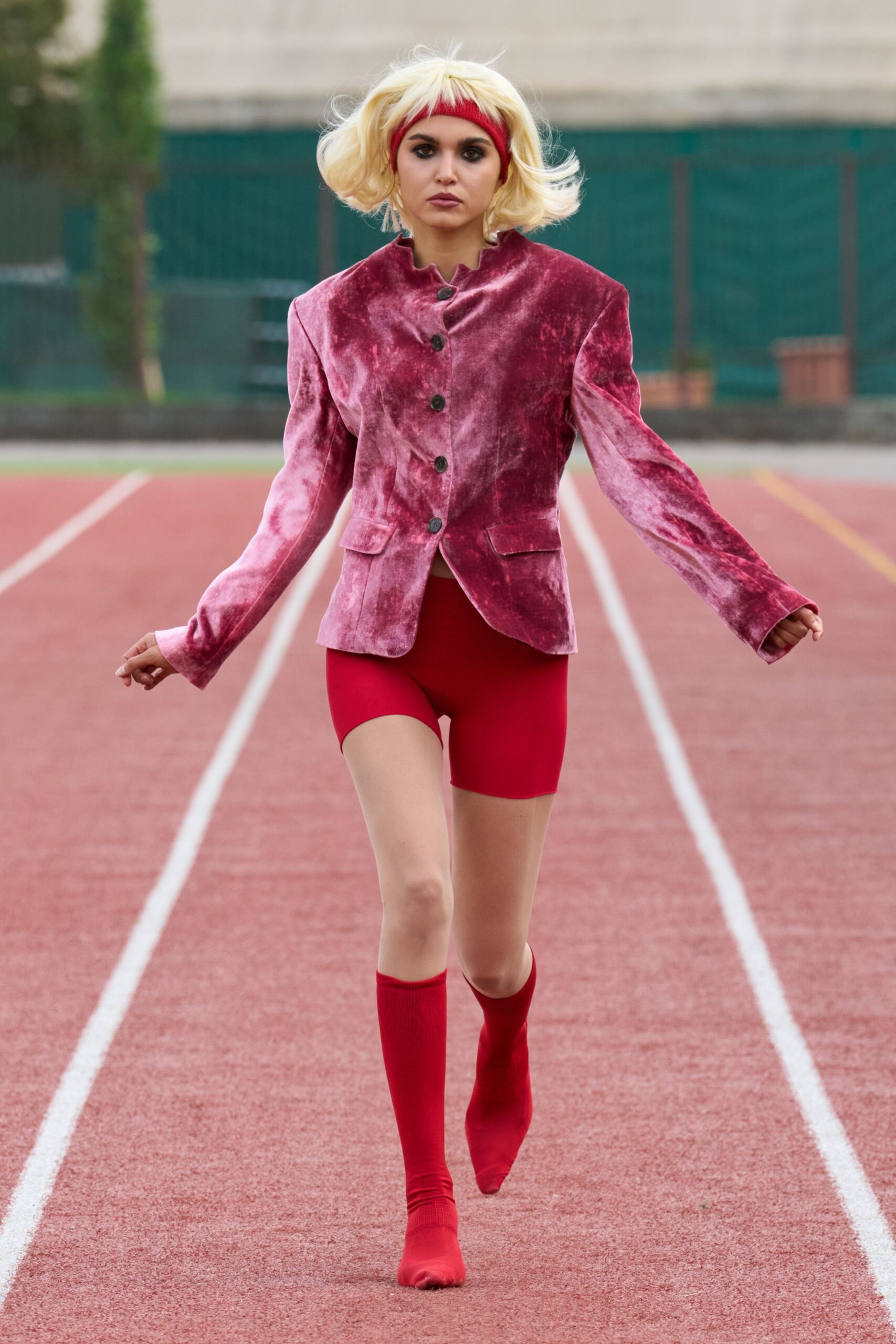 pink velvet long-sleeve collared fitted buttoned blazer