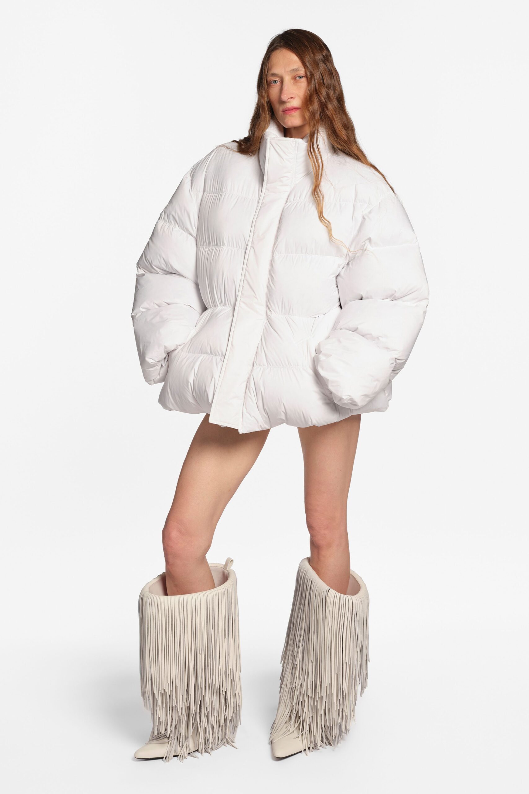 white cotton long-sleeve high-neck oversized padded quilted jacket