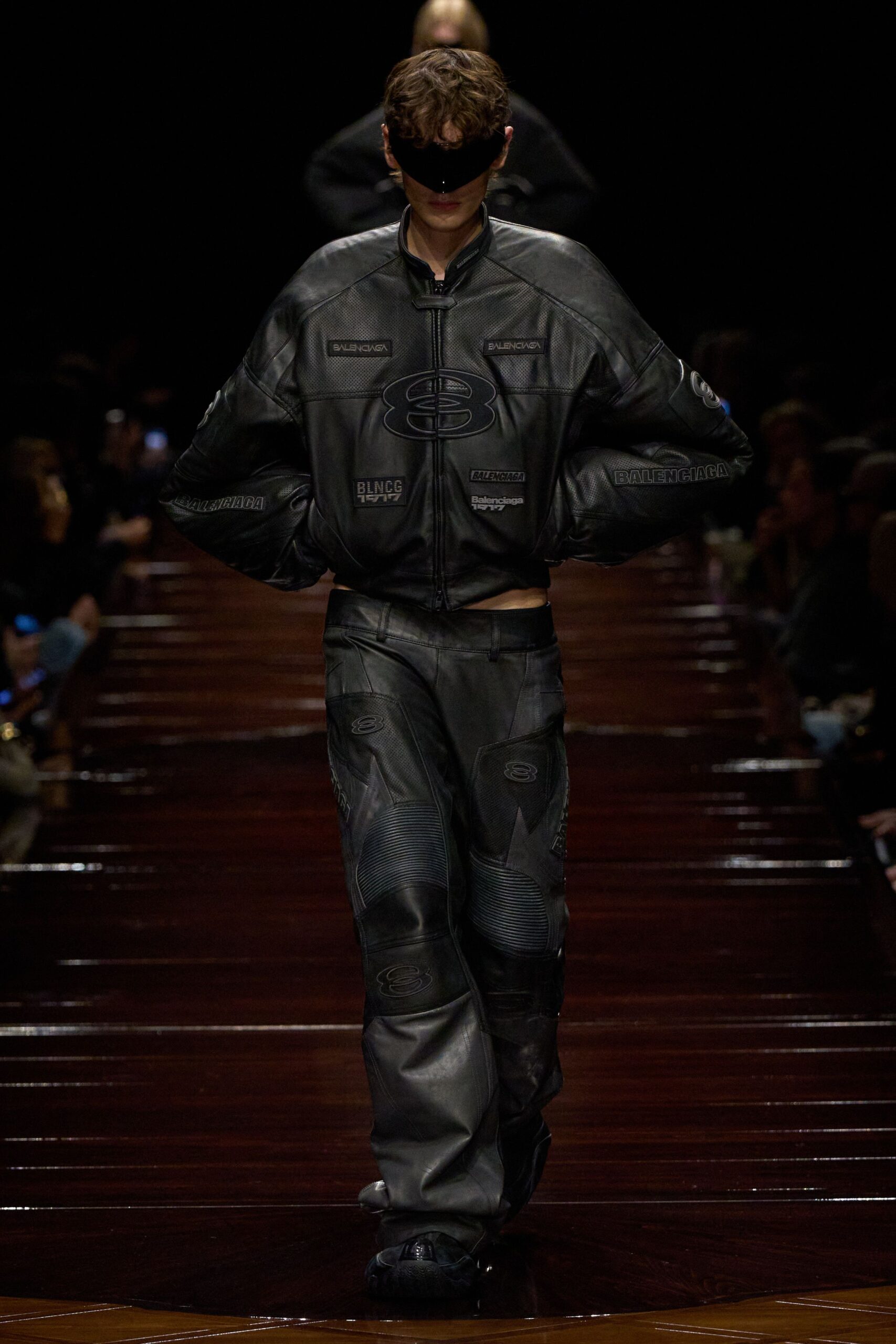 black leather oversized jacket and pants