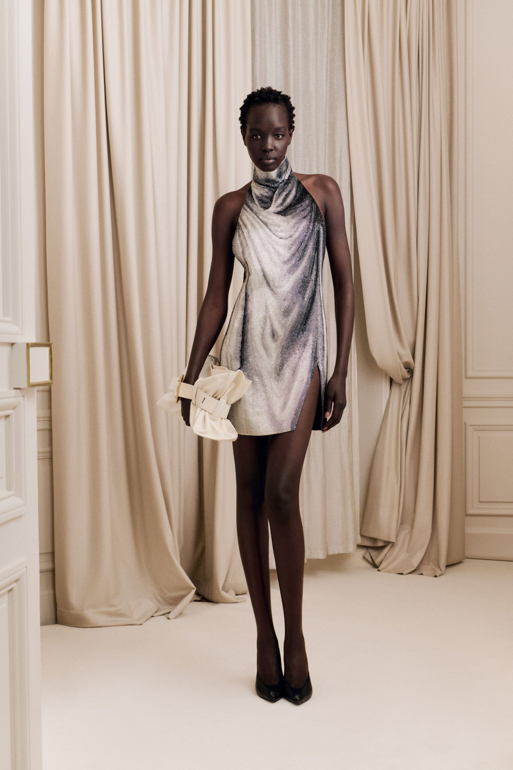 gray silk sleeveless high-neck fitted shiny mini dress