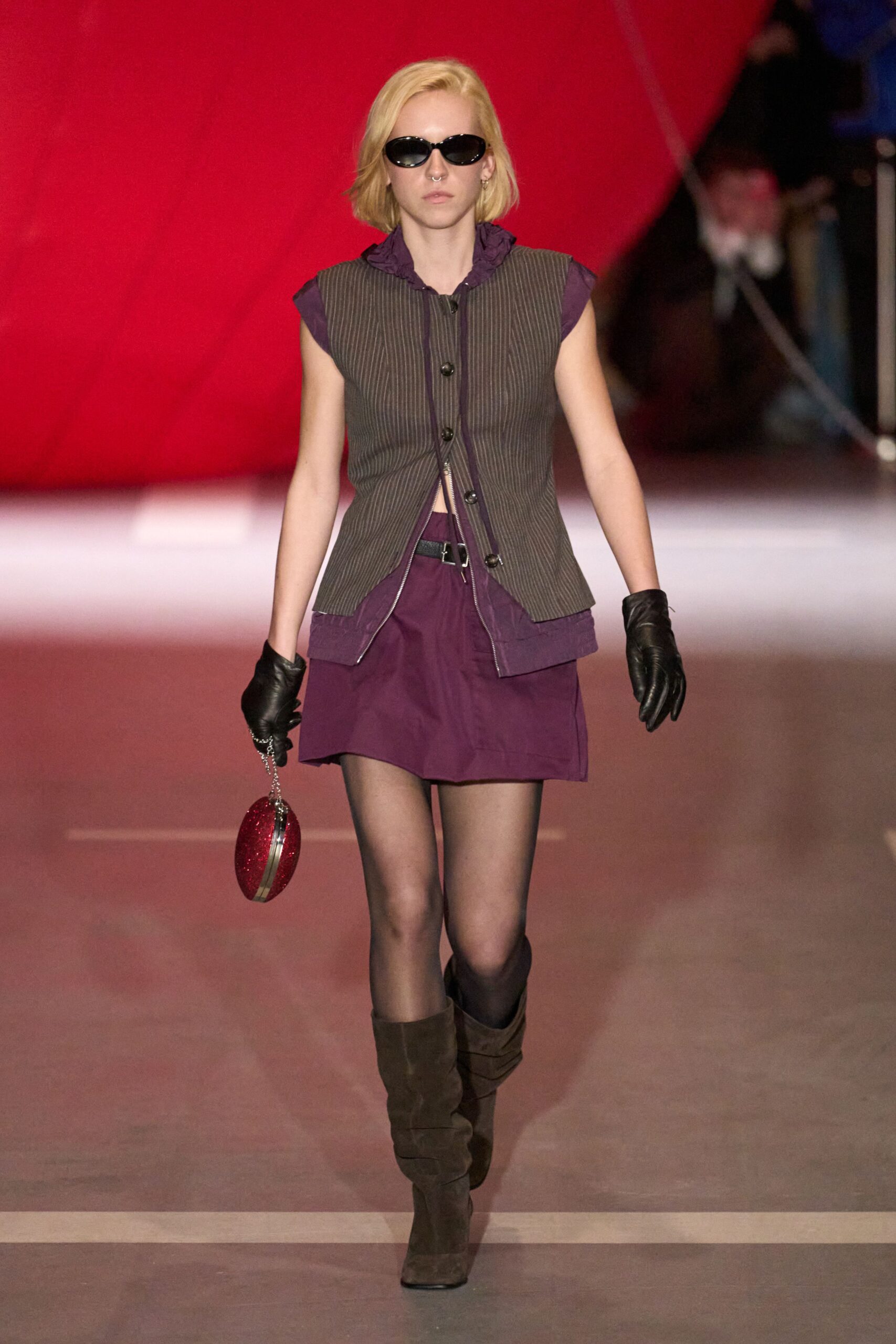 gray vest purple mini dress