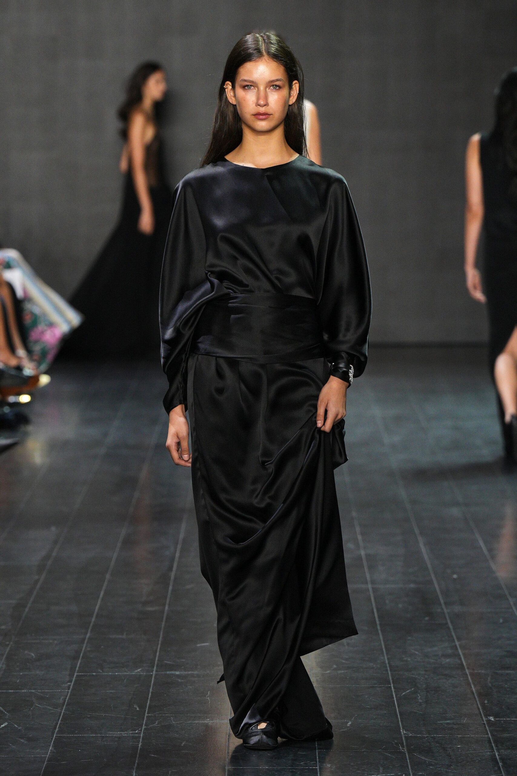 black satin draped dress
