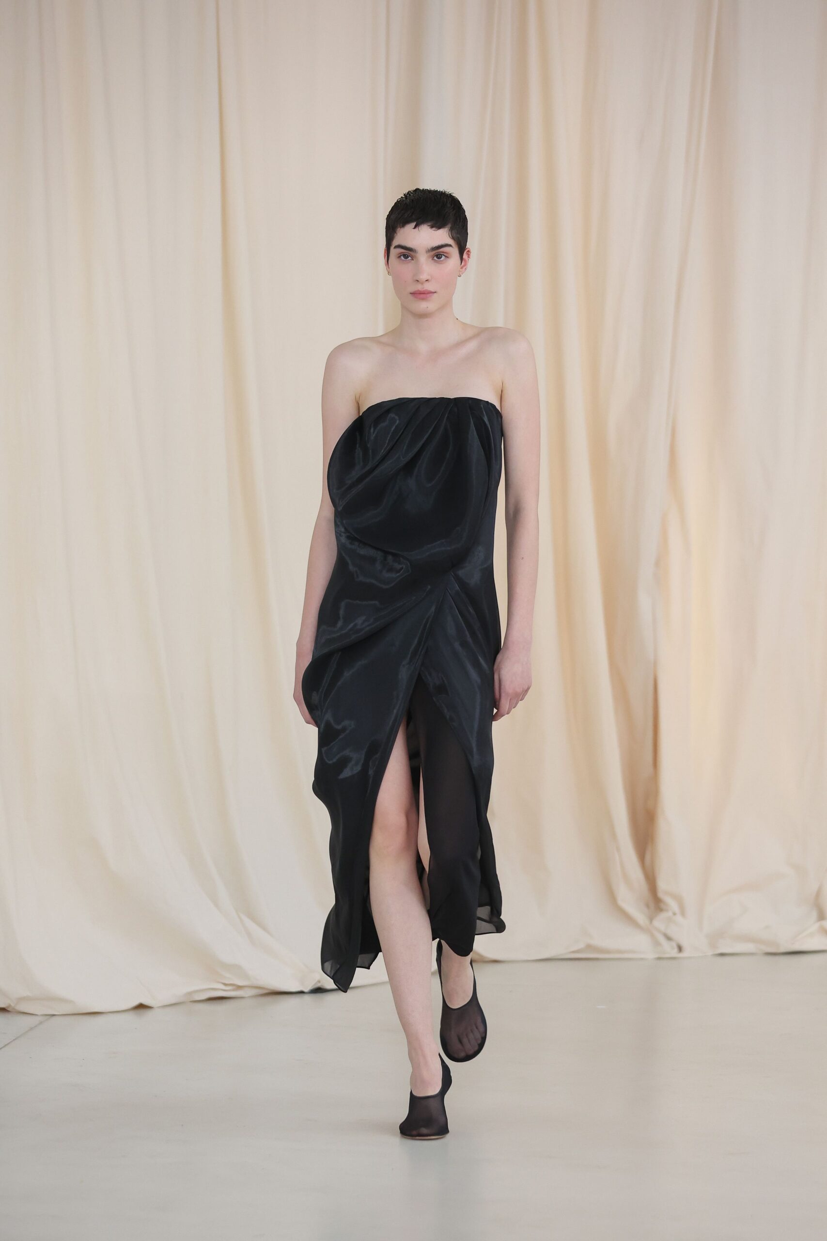 black silk strapless slit fitted draped ruched dress