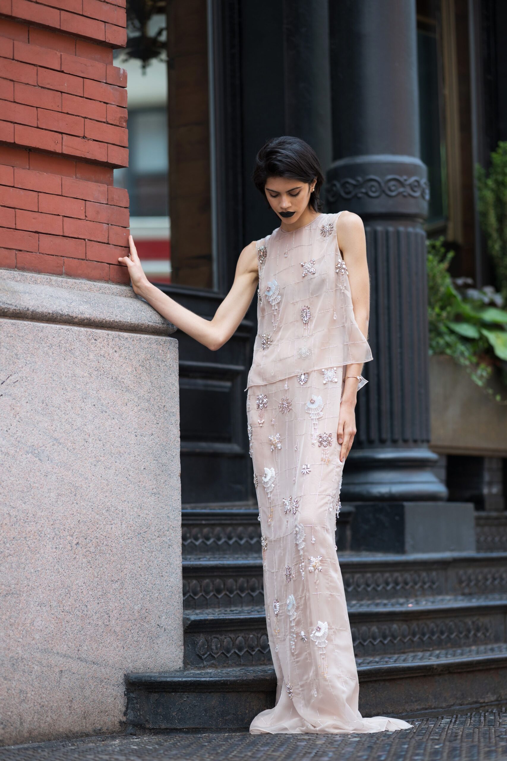 beige silk sleeveless gown