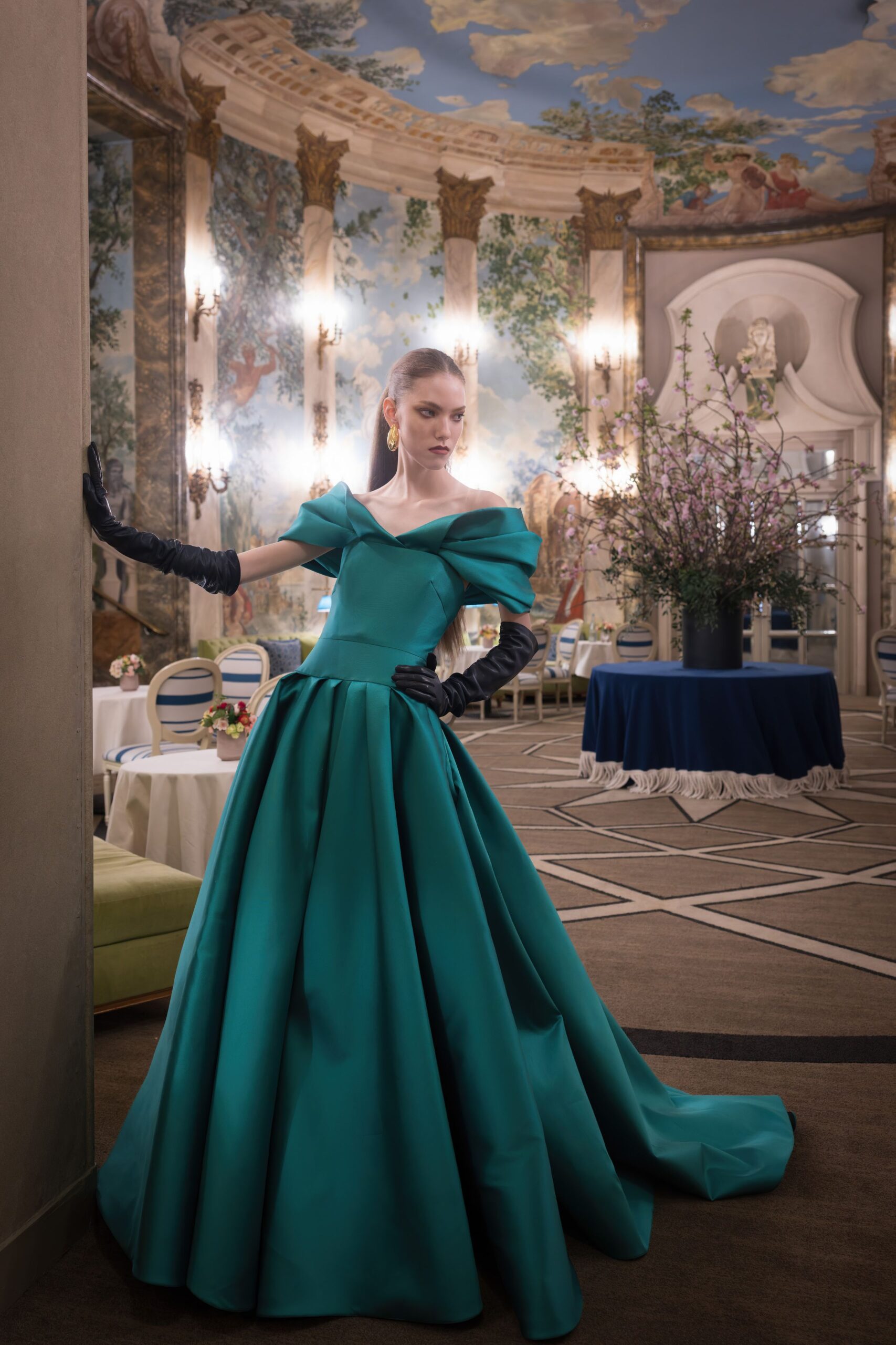 teal satin off-shoulder short-sleeve structured pleated draped gown