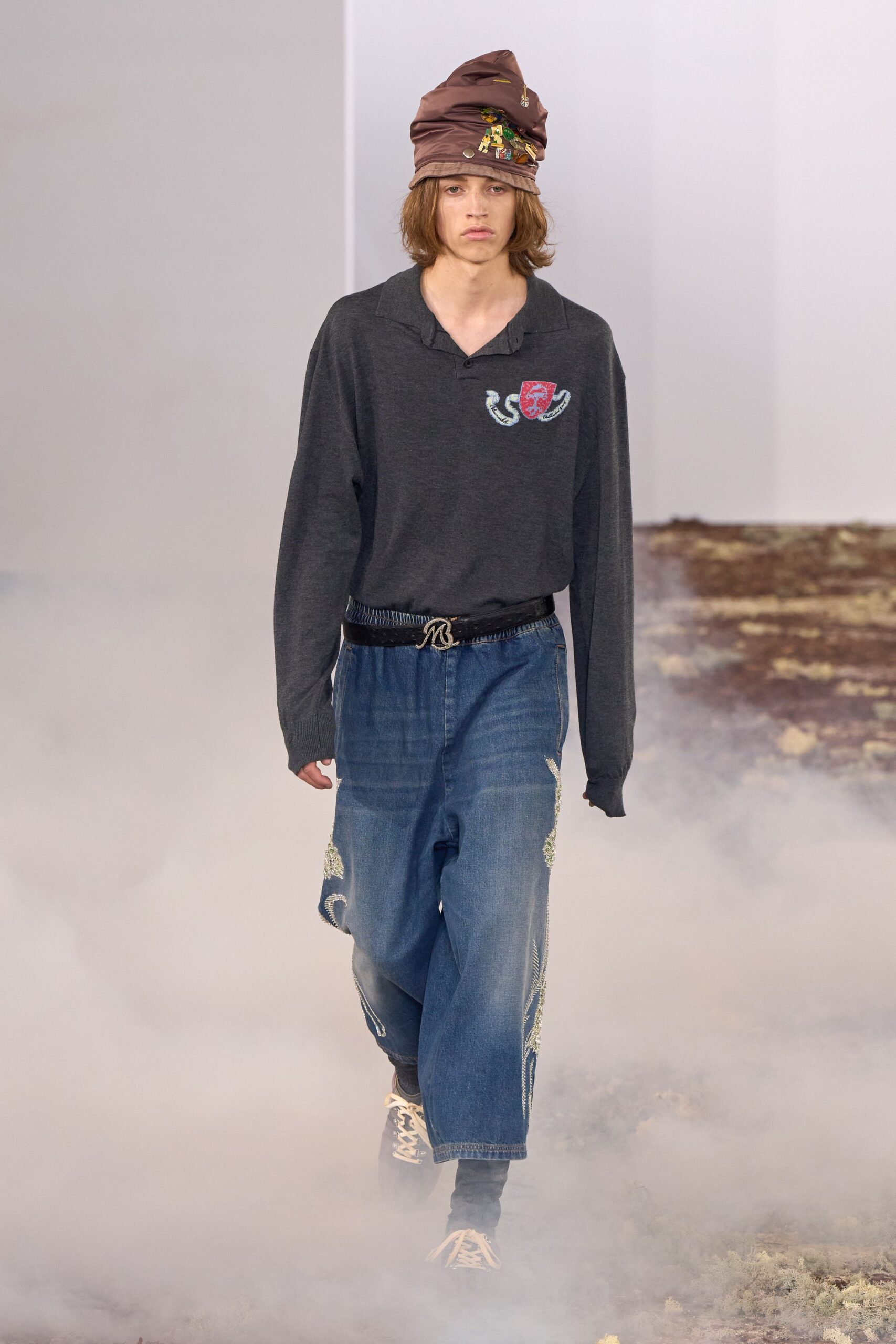 blue denim oversized embroidered wide-leg textured pants