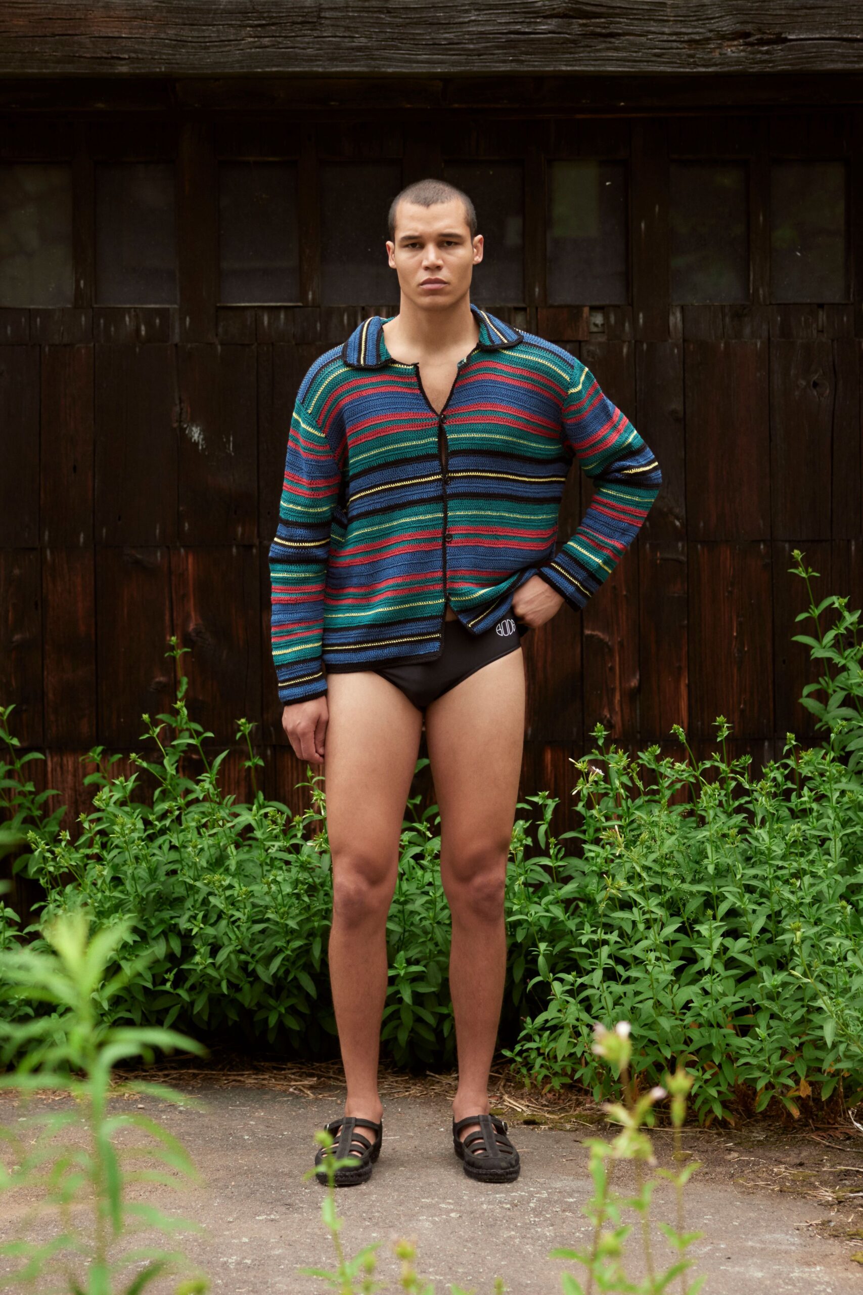 blue cotton long-sleeve collared relaxed striped jacket