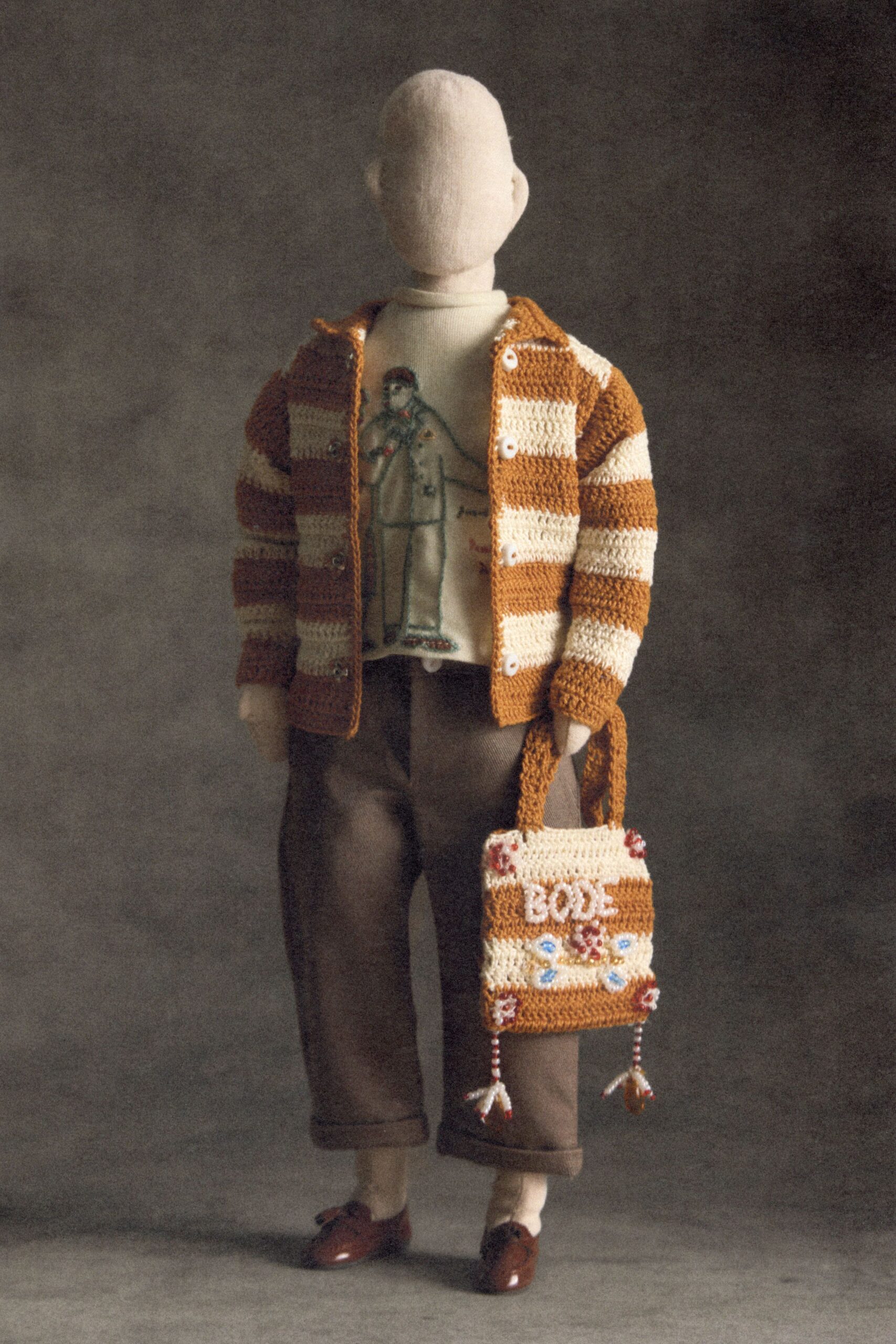 brown knit long-sleeve collared relaxed buttoned striped jacket