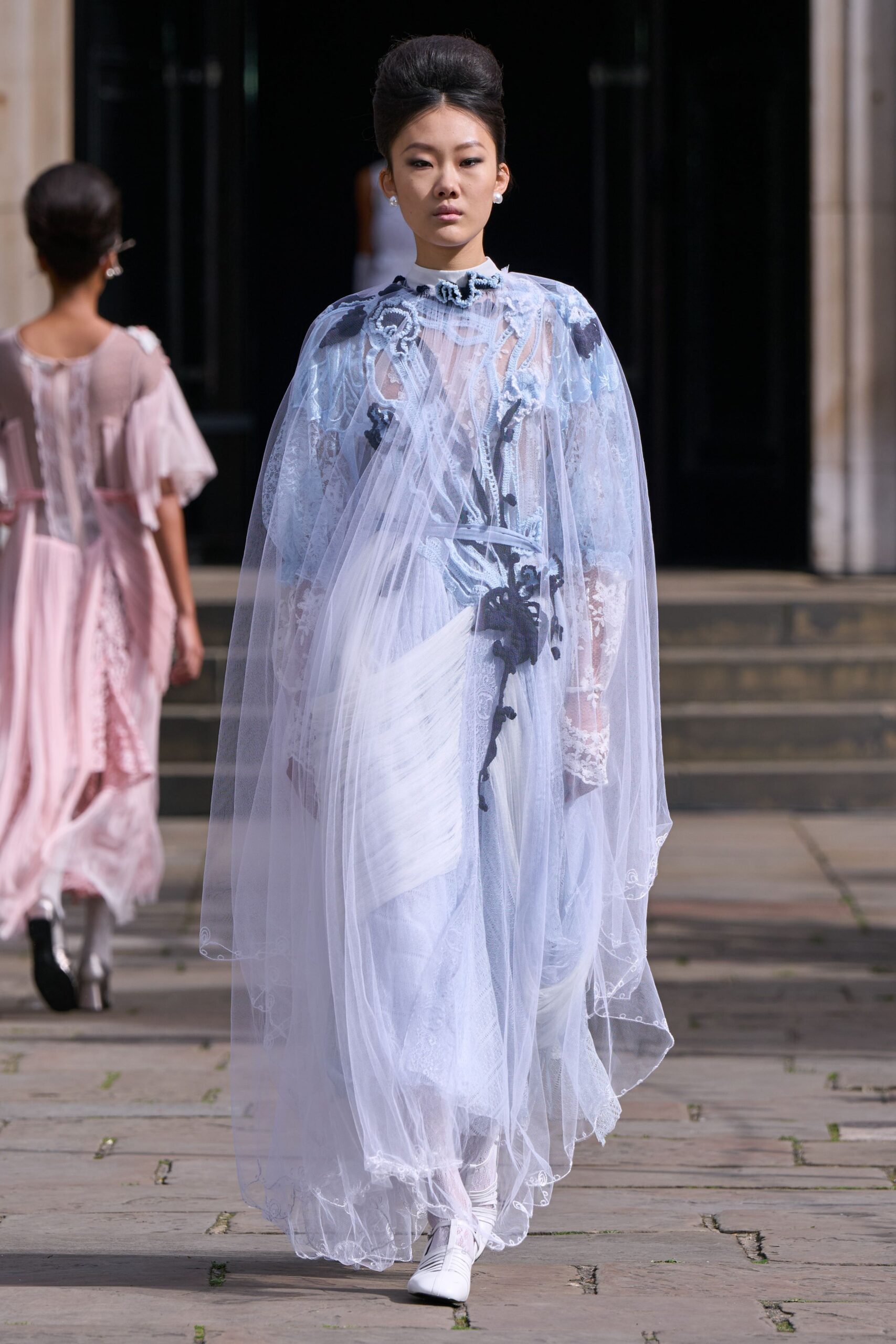 blue silk long-sleeve high-neck fitted layered embroidered gown