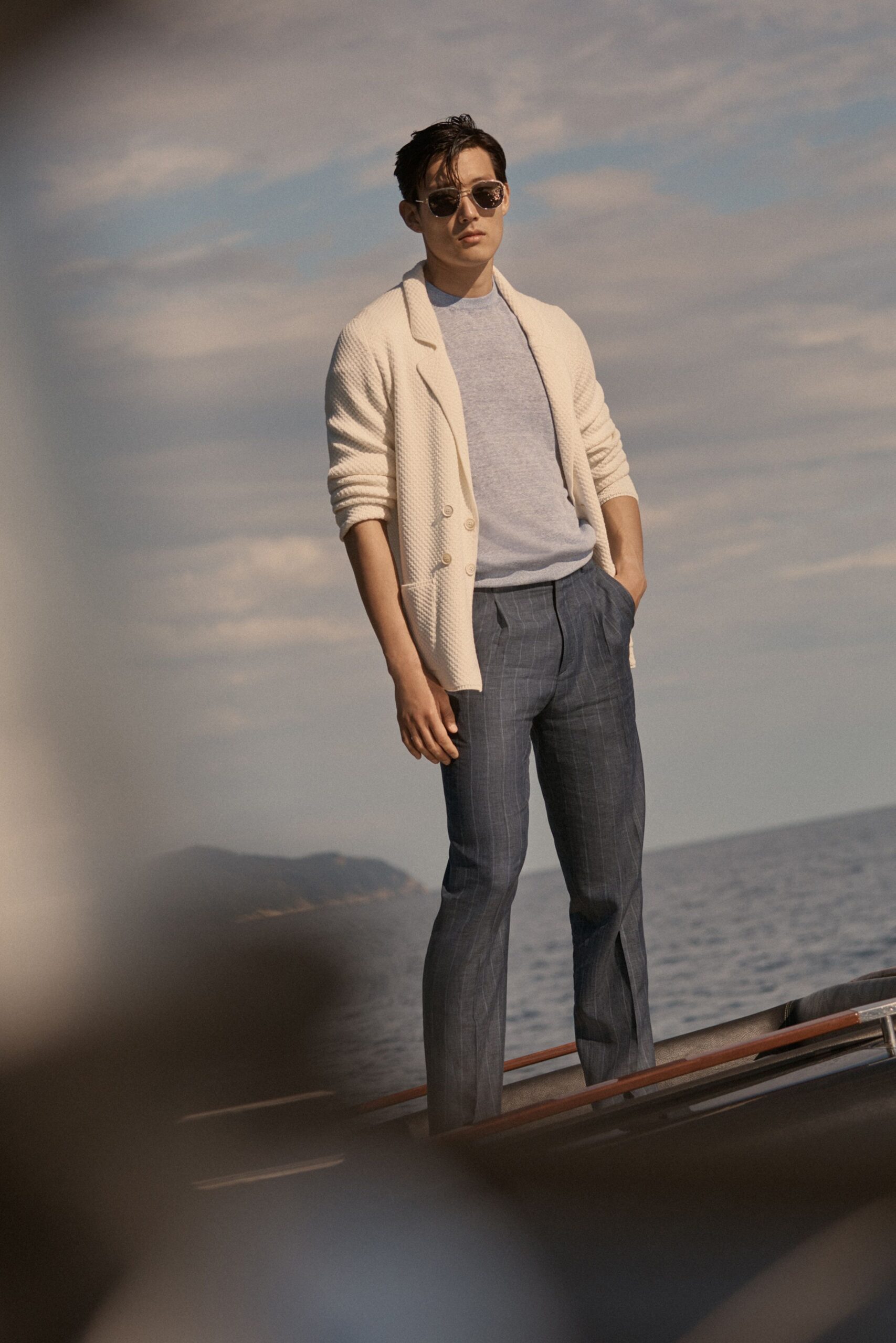 gray fitted sweater with tailored pants