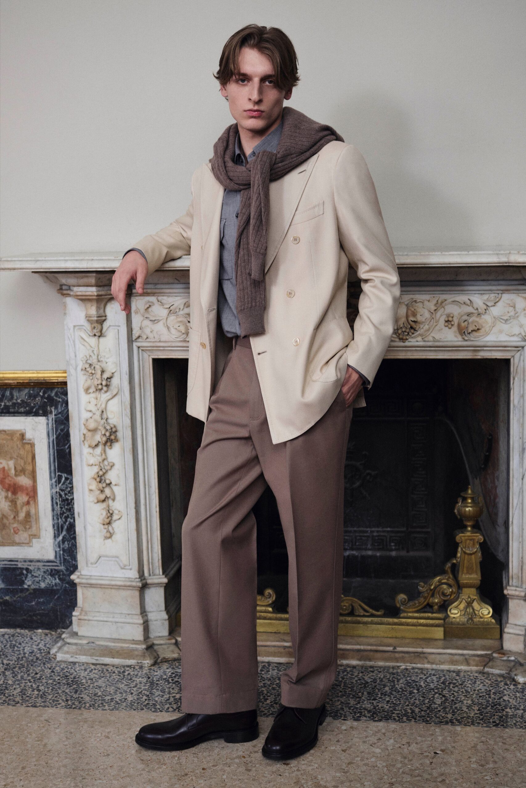 beige tailored blazer with gray shirt