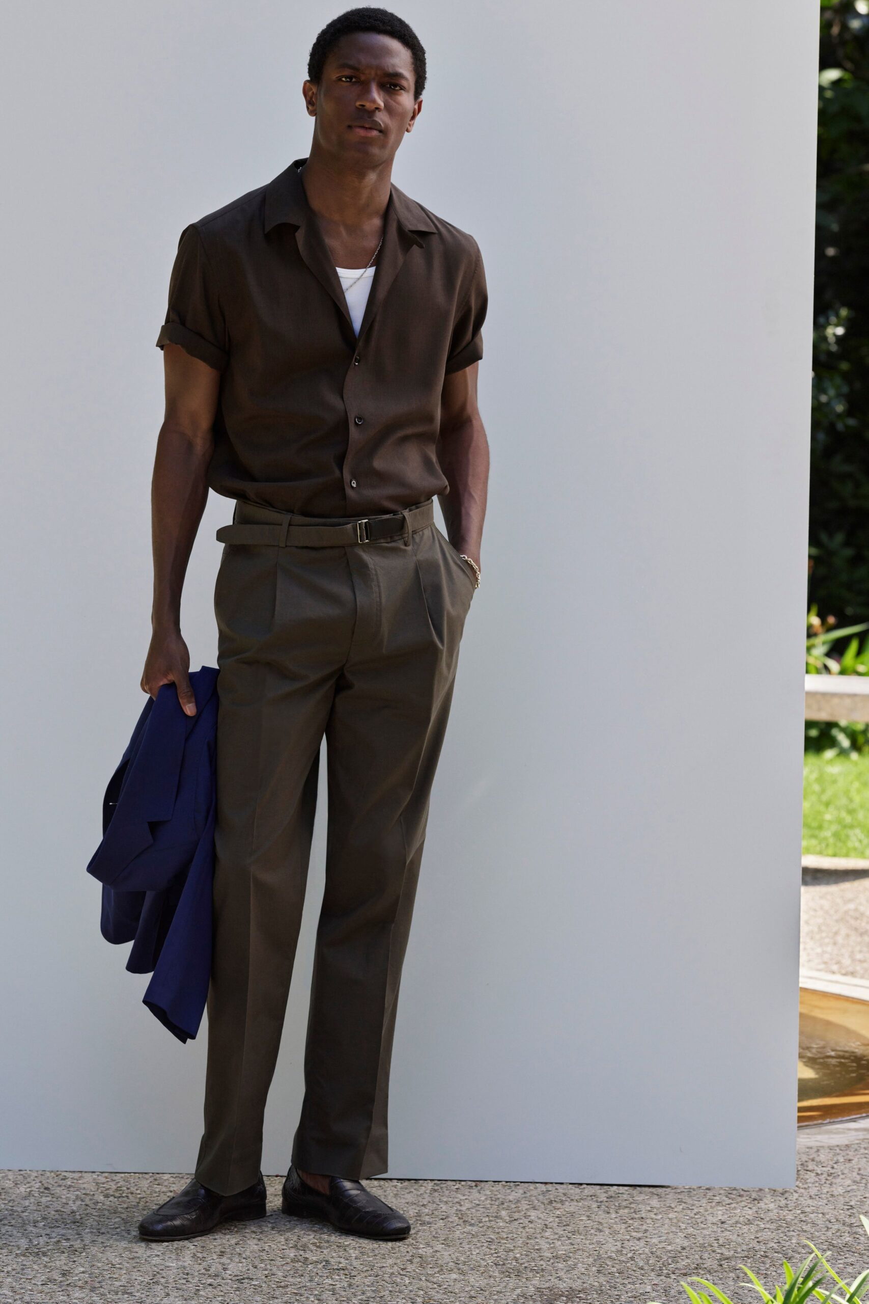 brown cotton shirt with gray tailored pants