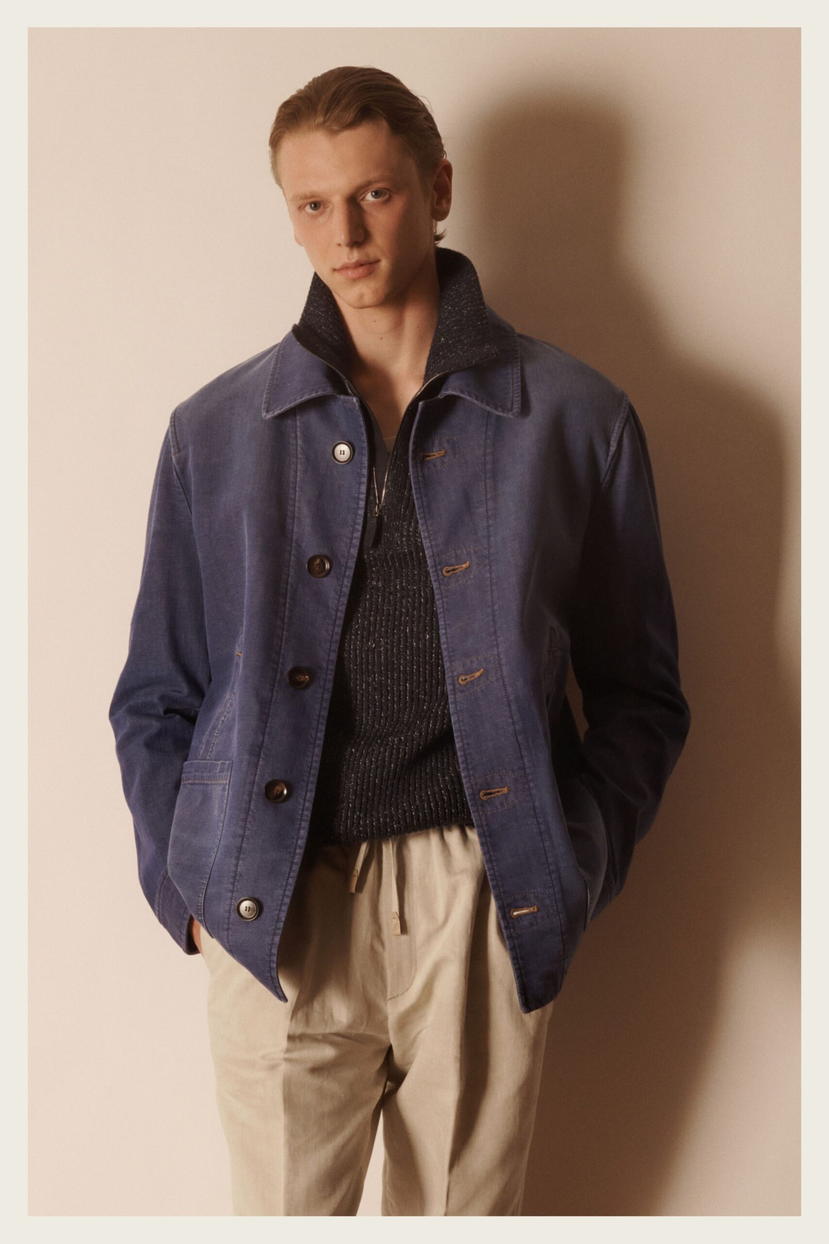 blue denim long-sleeve collared oversized buttoned pockets jacket