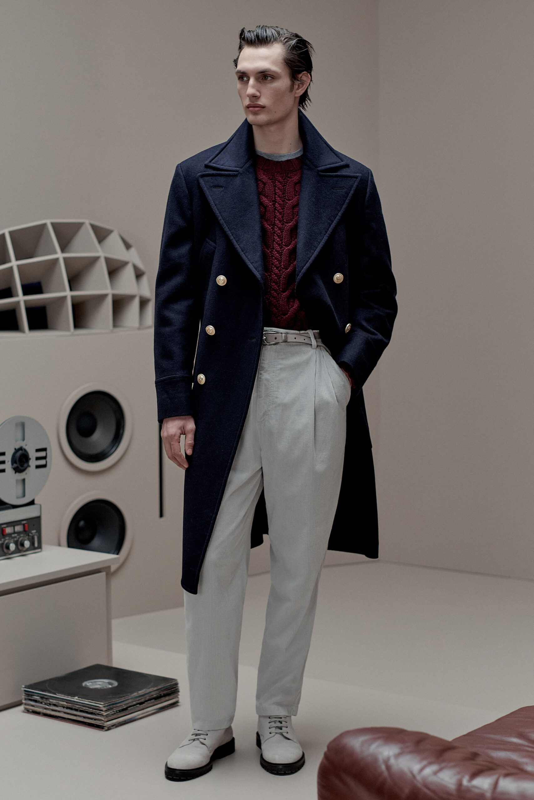 blue wool long-sleeve collared structured coat