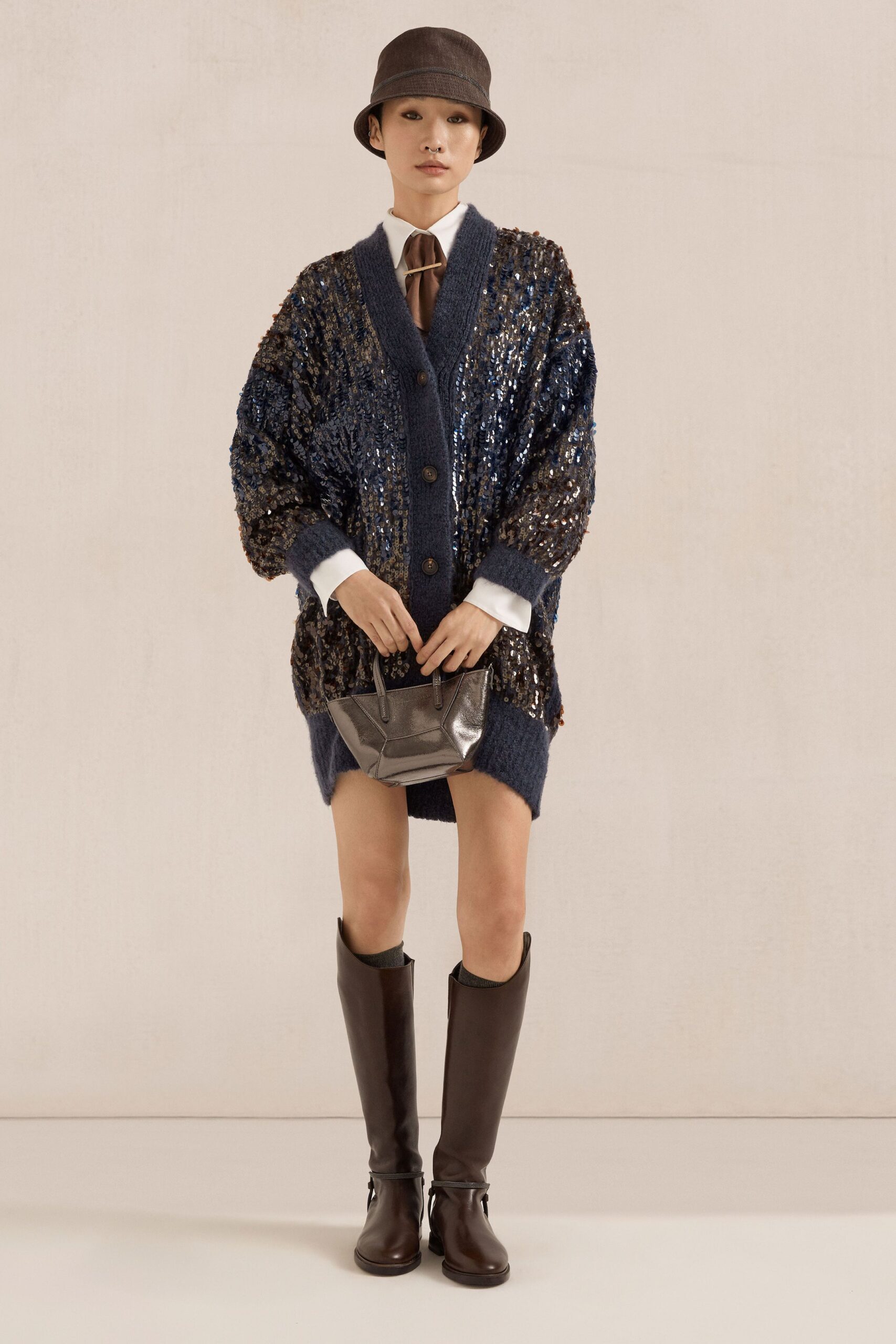 blue sequin long-sleeve collared oversized buttoned layered cardigan