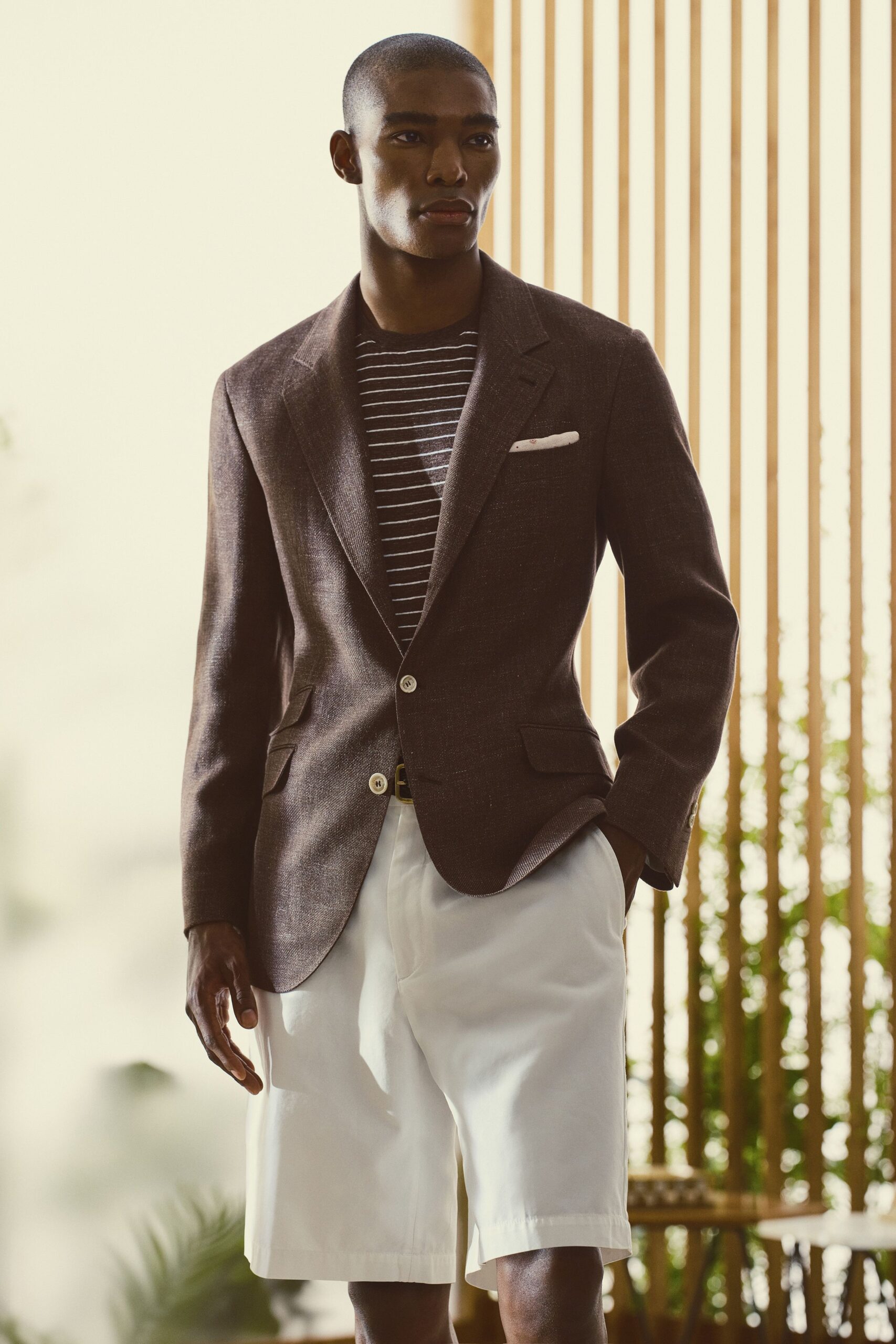brown tailored blazer with striped shirt