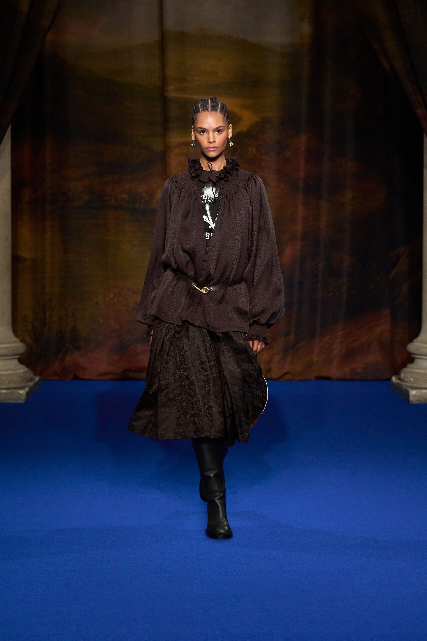 brown silk long-sleeve collared relaxed ruffled blouse