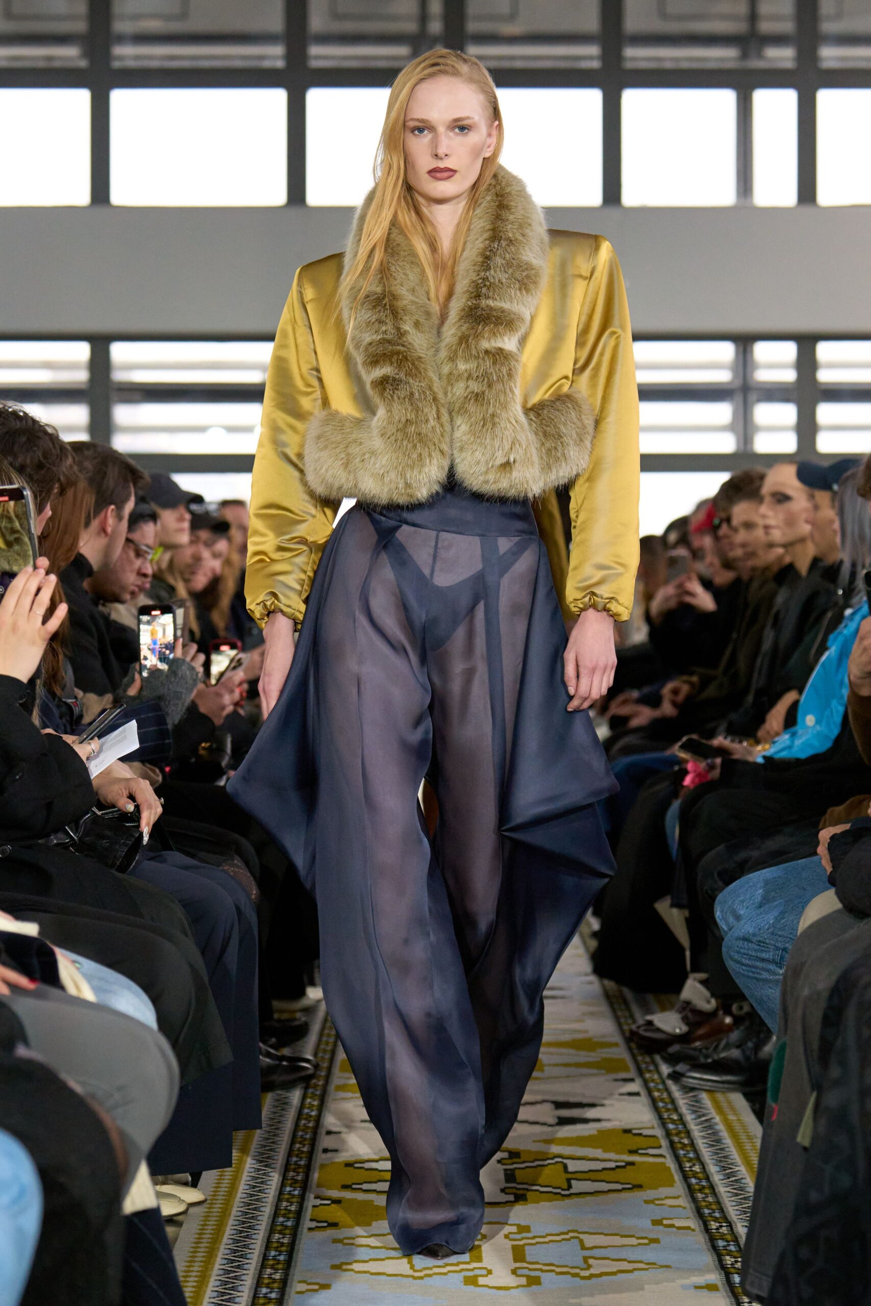 blue silk relaxed high-waisted flared sheer pants