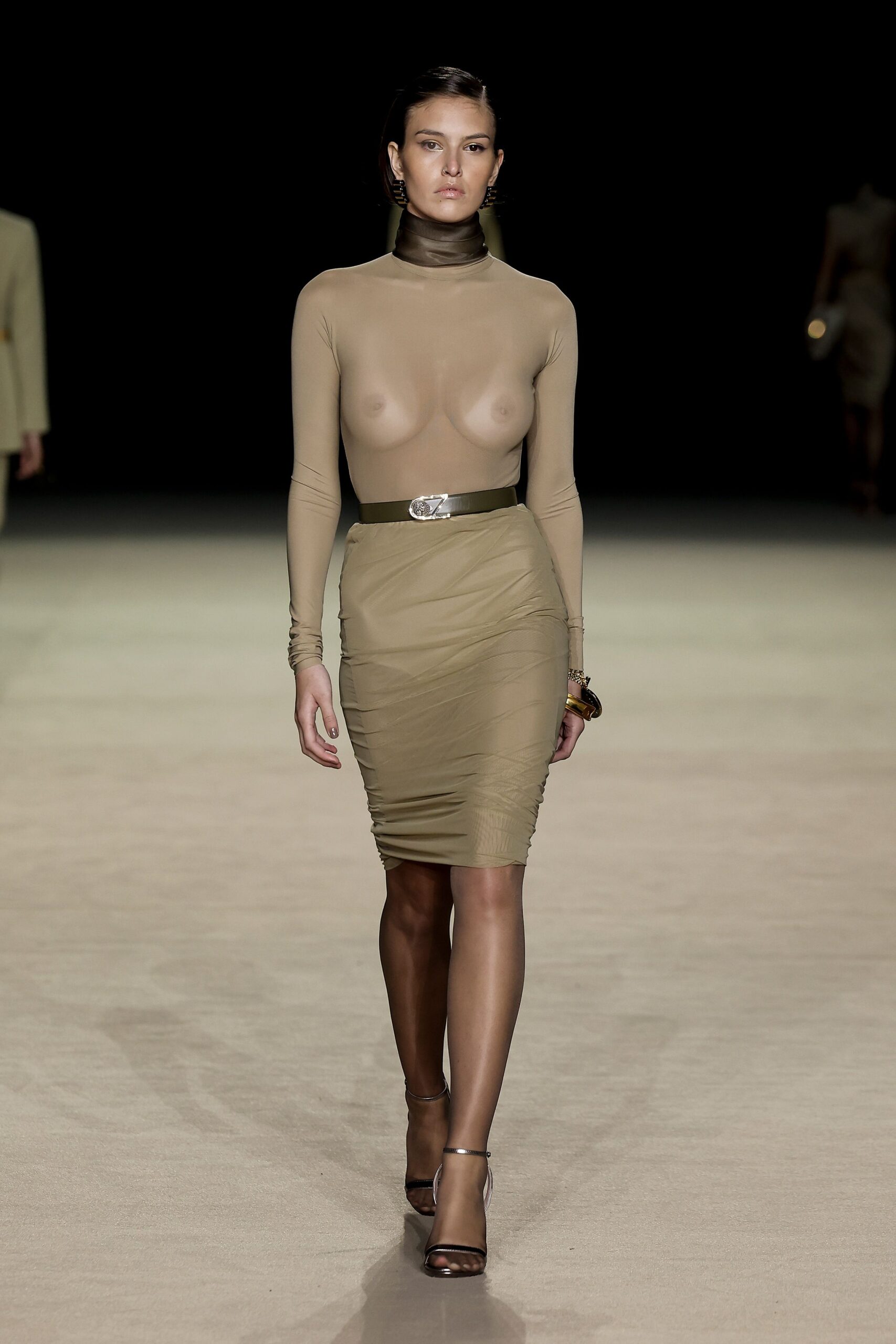 beige mesh fitted dress with belt