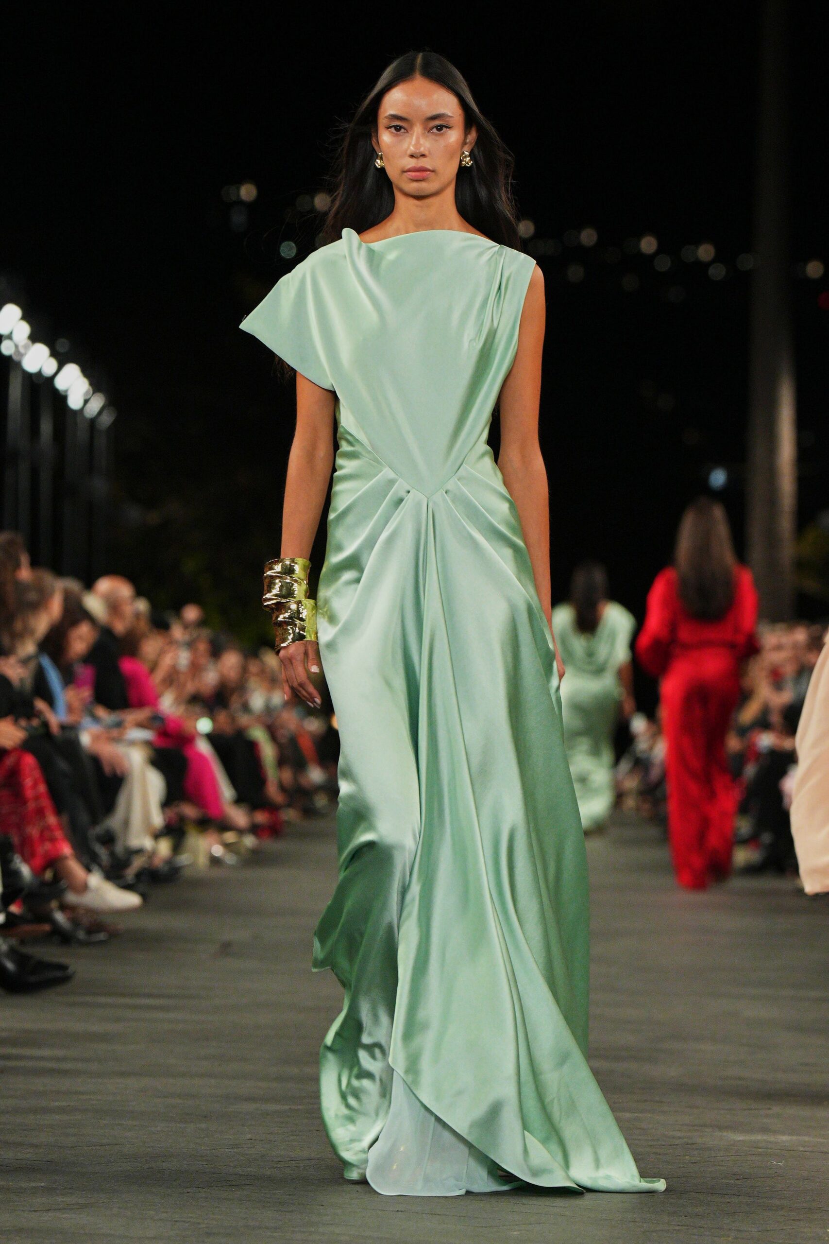 green satin gown with gold gloves