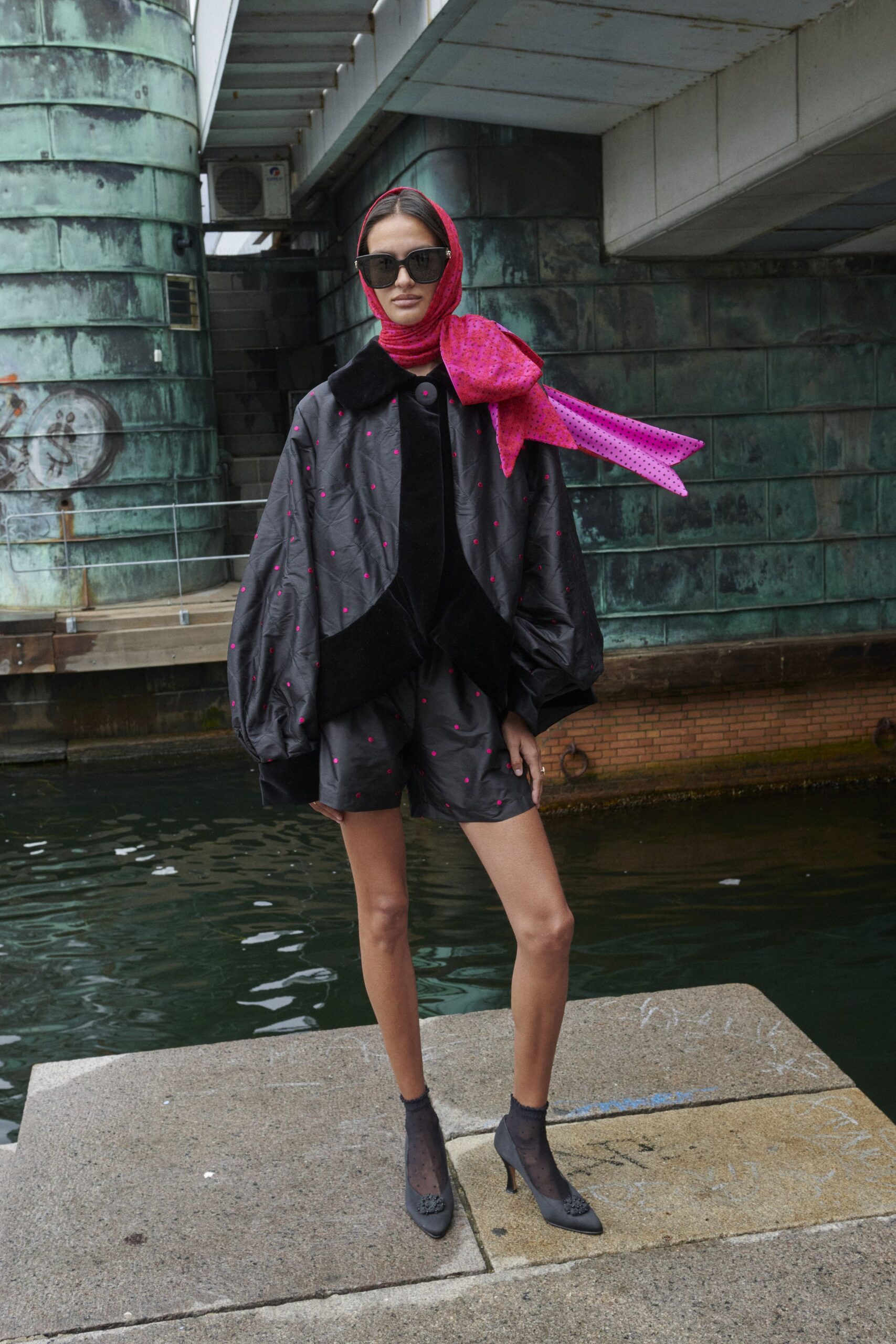 black silk long-sleeve collared oversized polka-dot embellished cape