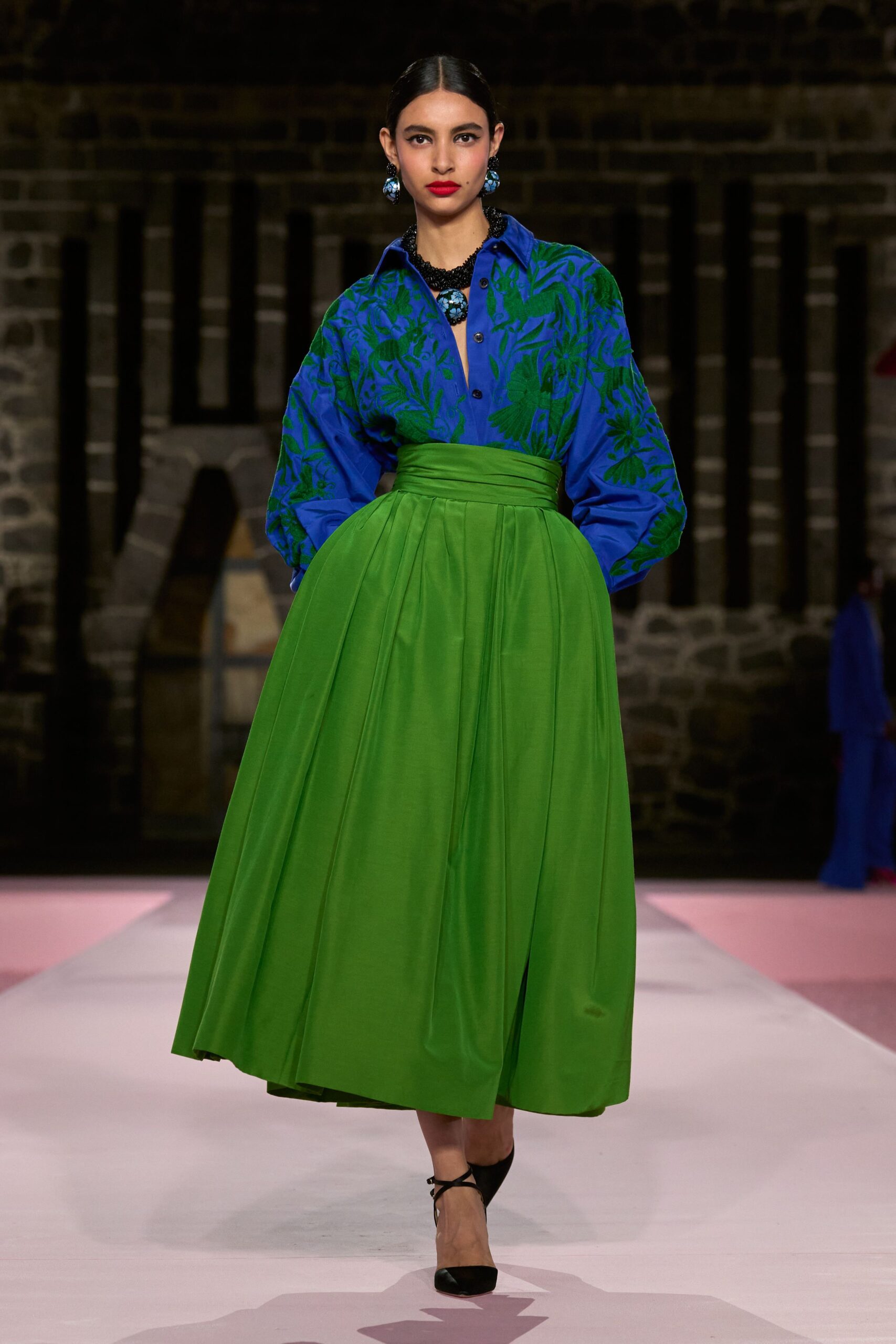 blue embroidered shirt green midi skirt