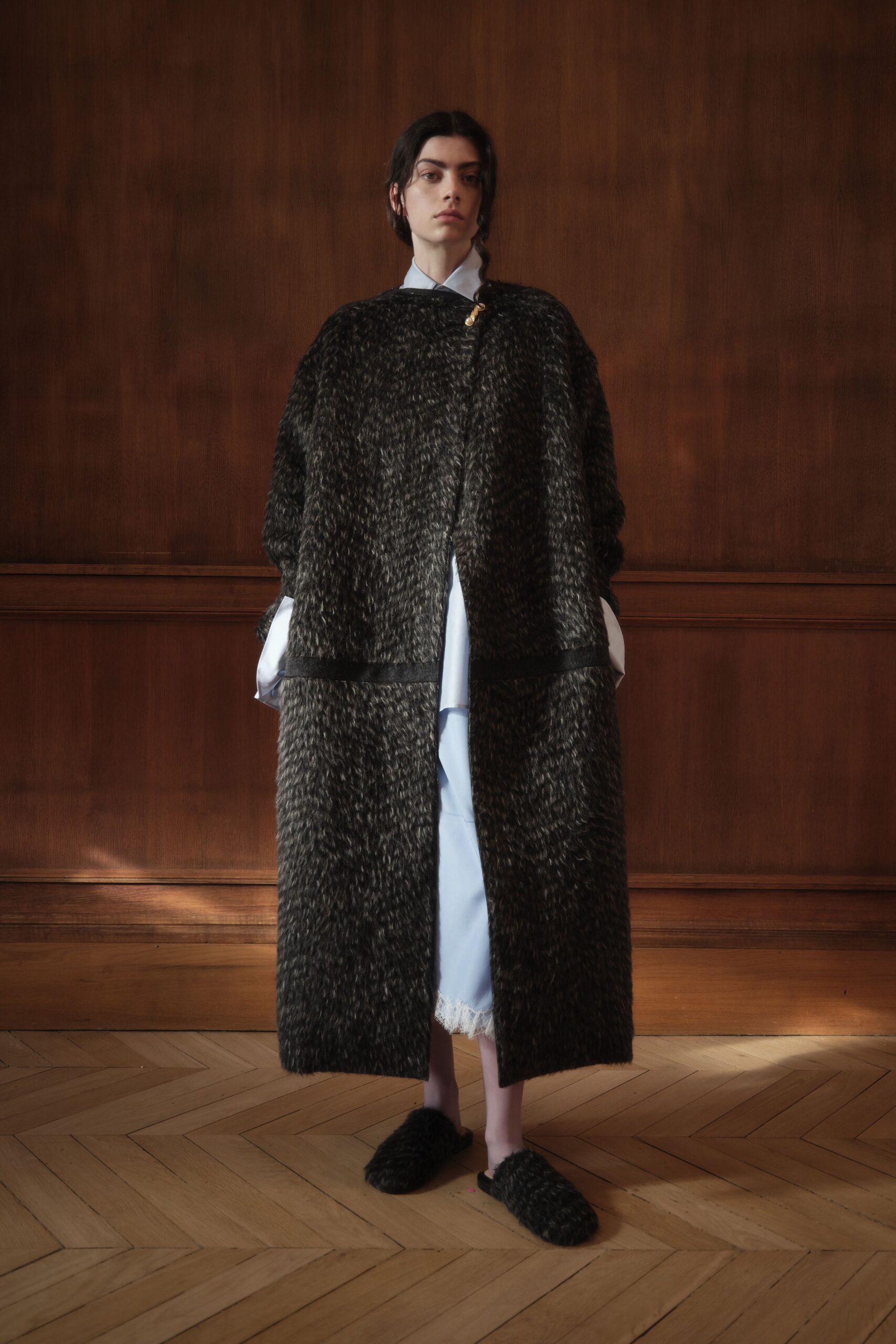 black fur coat with white shirt