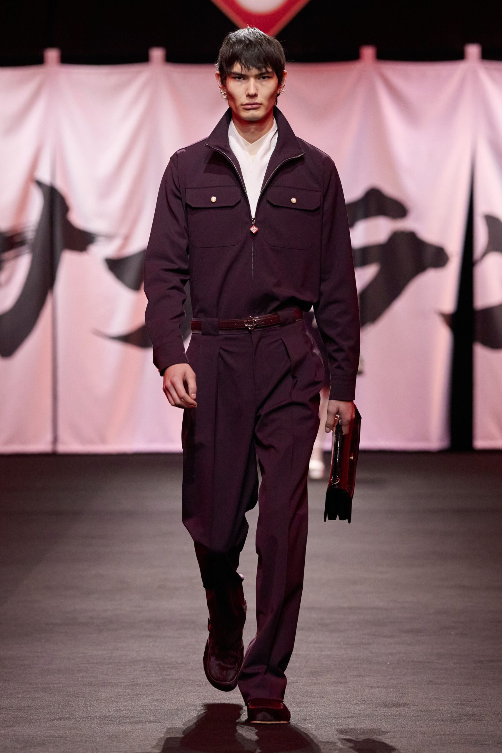 purple cotton long-sleeve collared fitted buttoned jacket