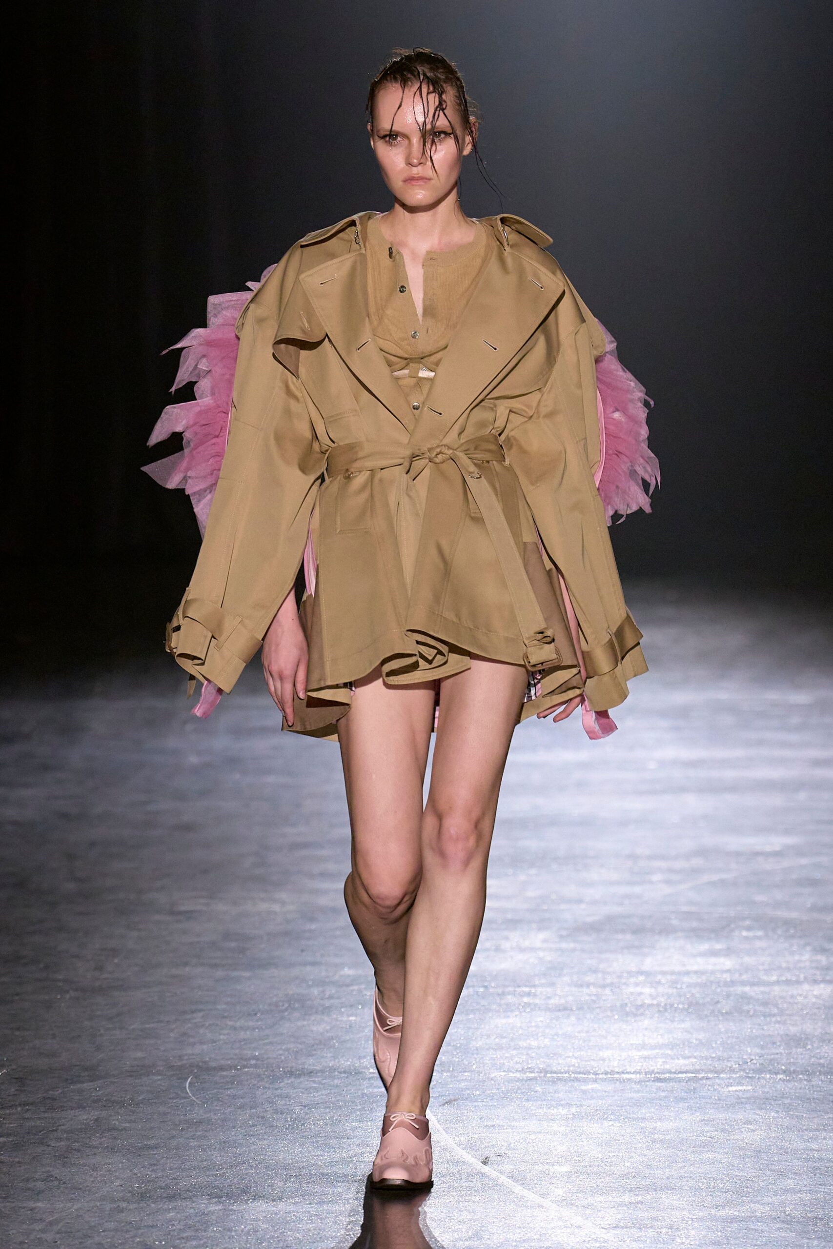 beige cotton long-sleeve collared oversized belted draped trench