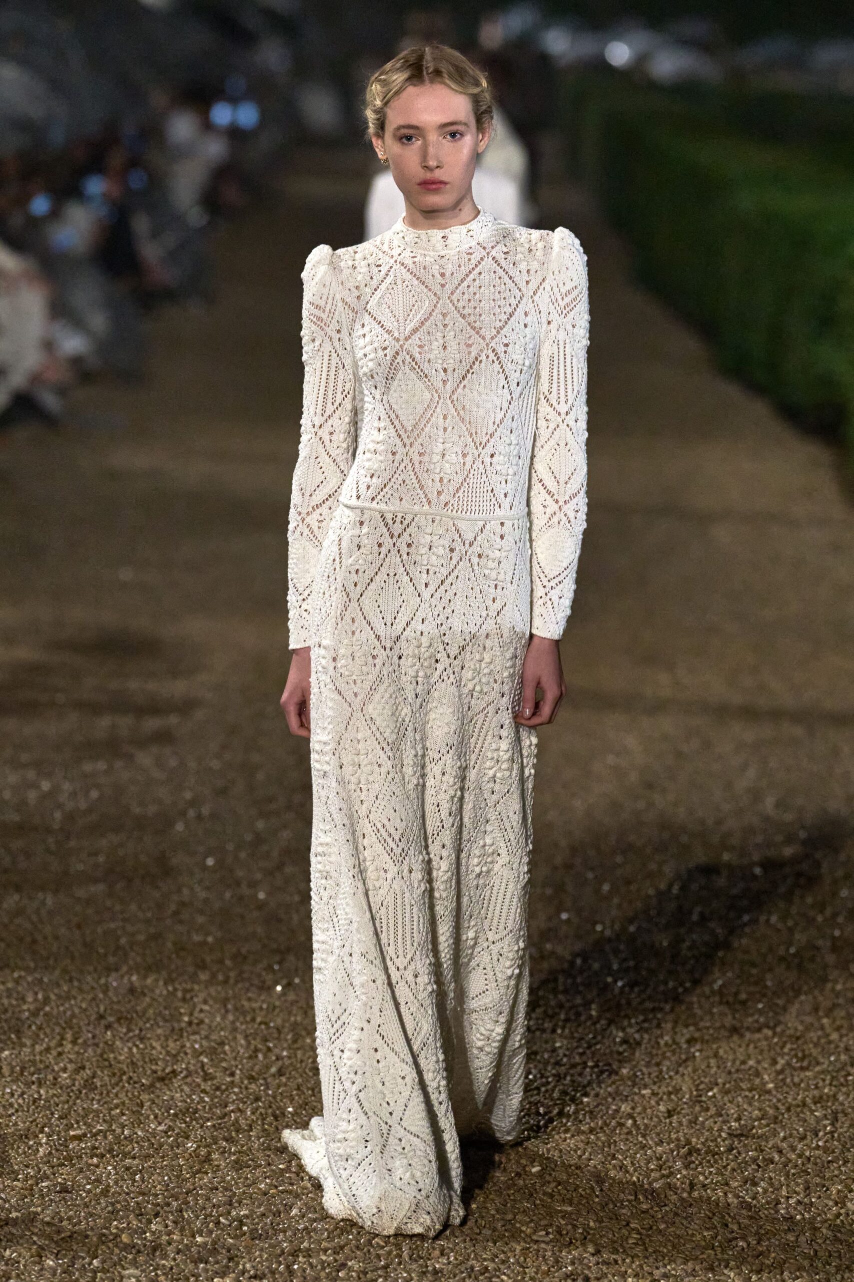 white lace long-sleeve gown