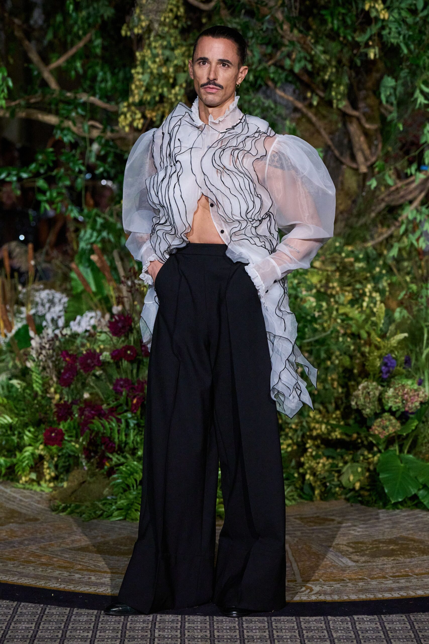 white chiffon long-sleeve collared relaxed pleated embroidered shirt