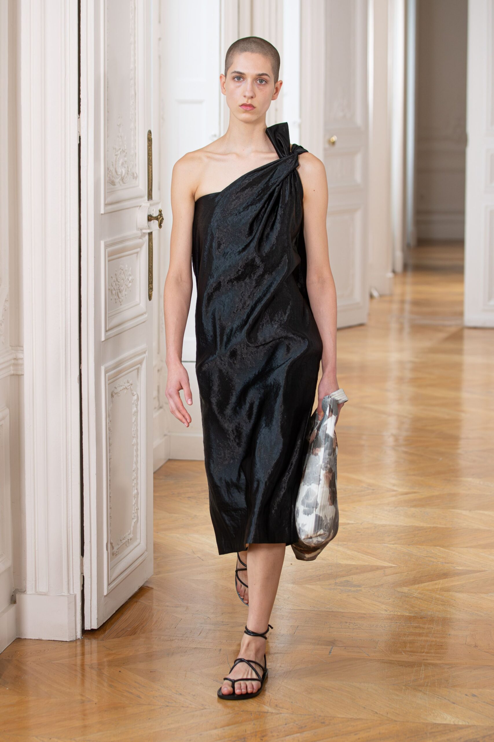 black silk sleeveless asymmetric fitted draped shiny dress