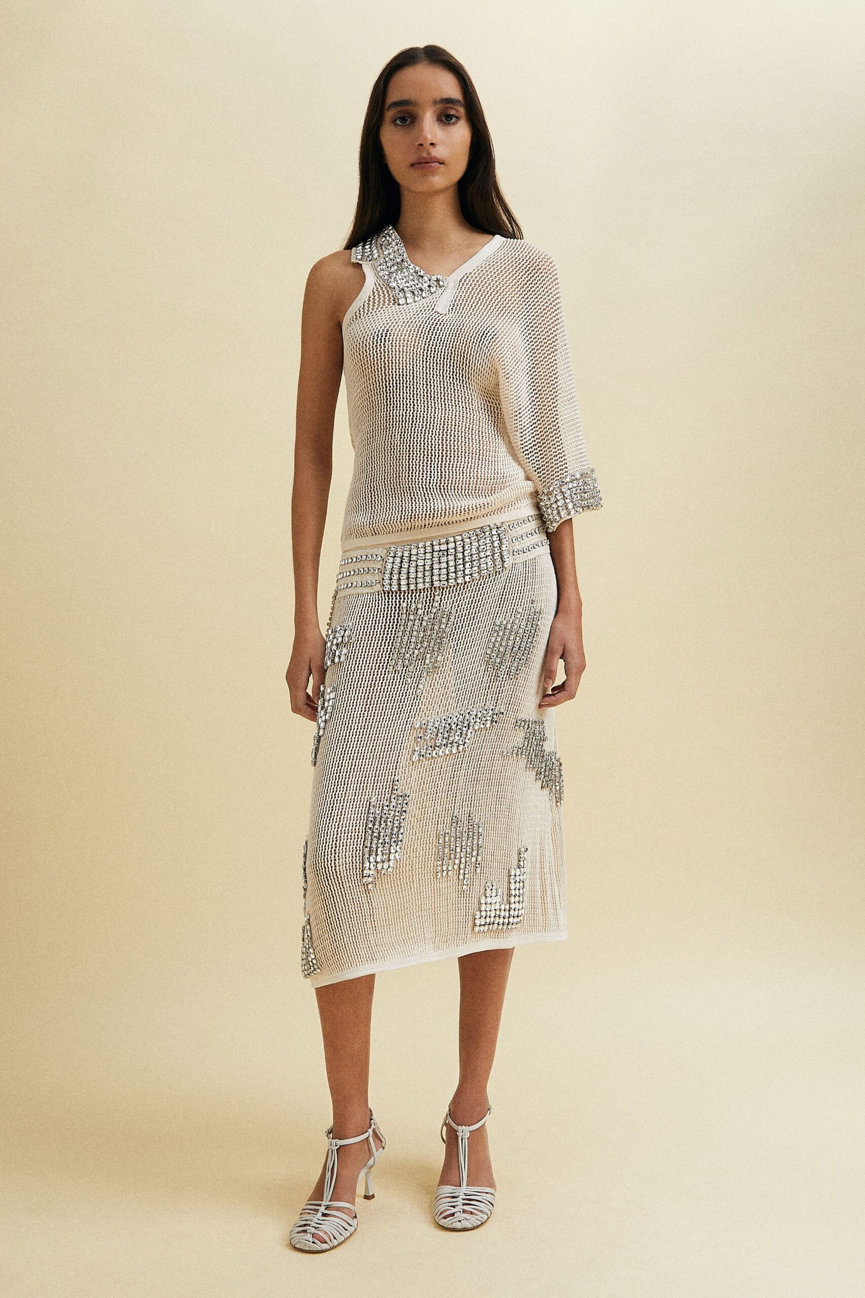 white mesh sleeveless asymmetric fitted sequined draped dress