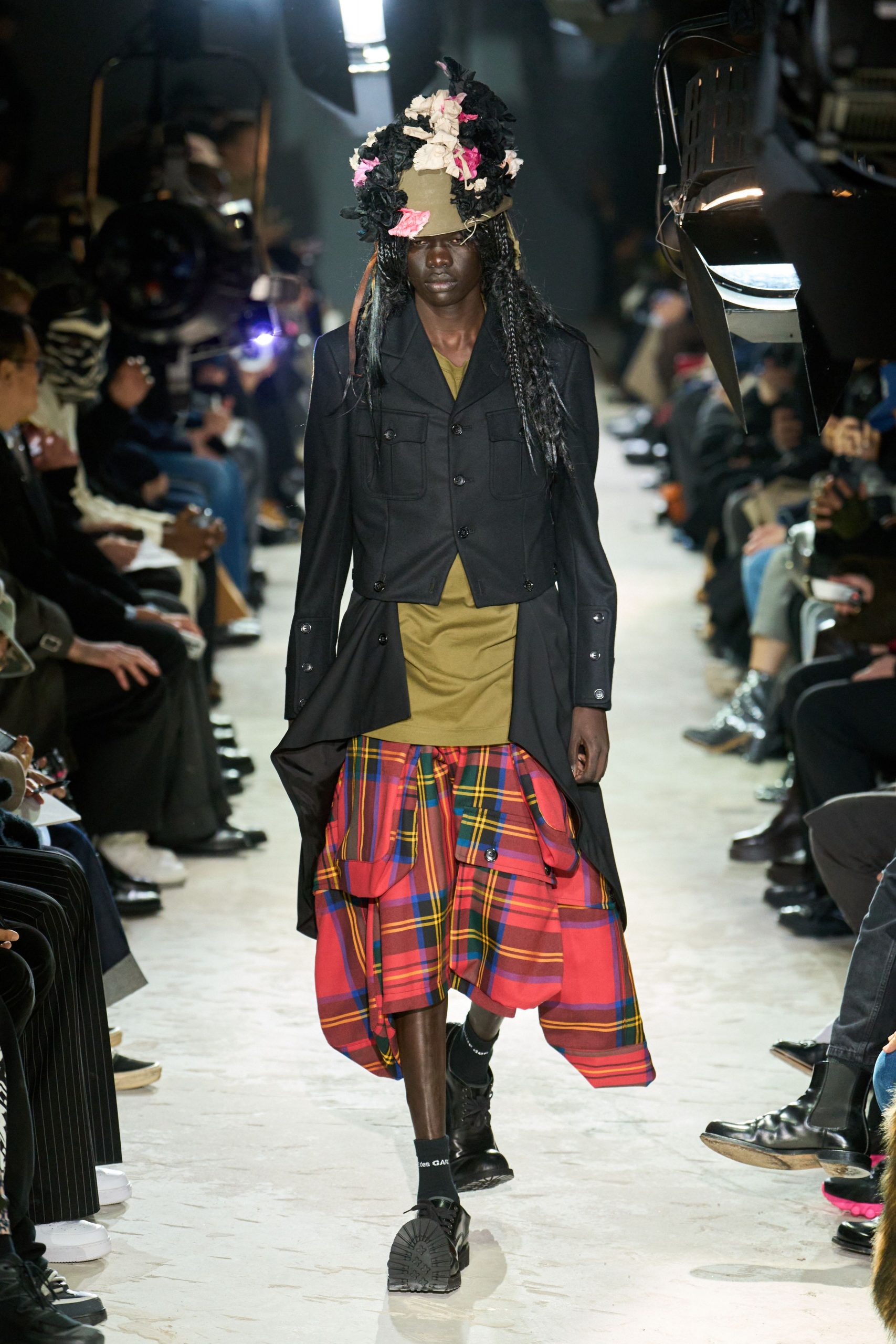 black blazer with plaid skirt