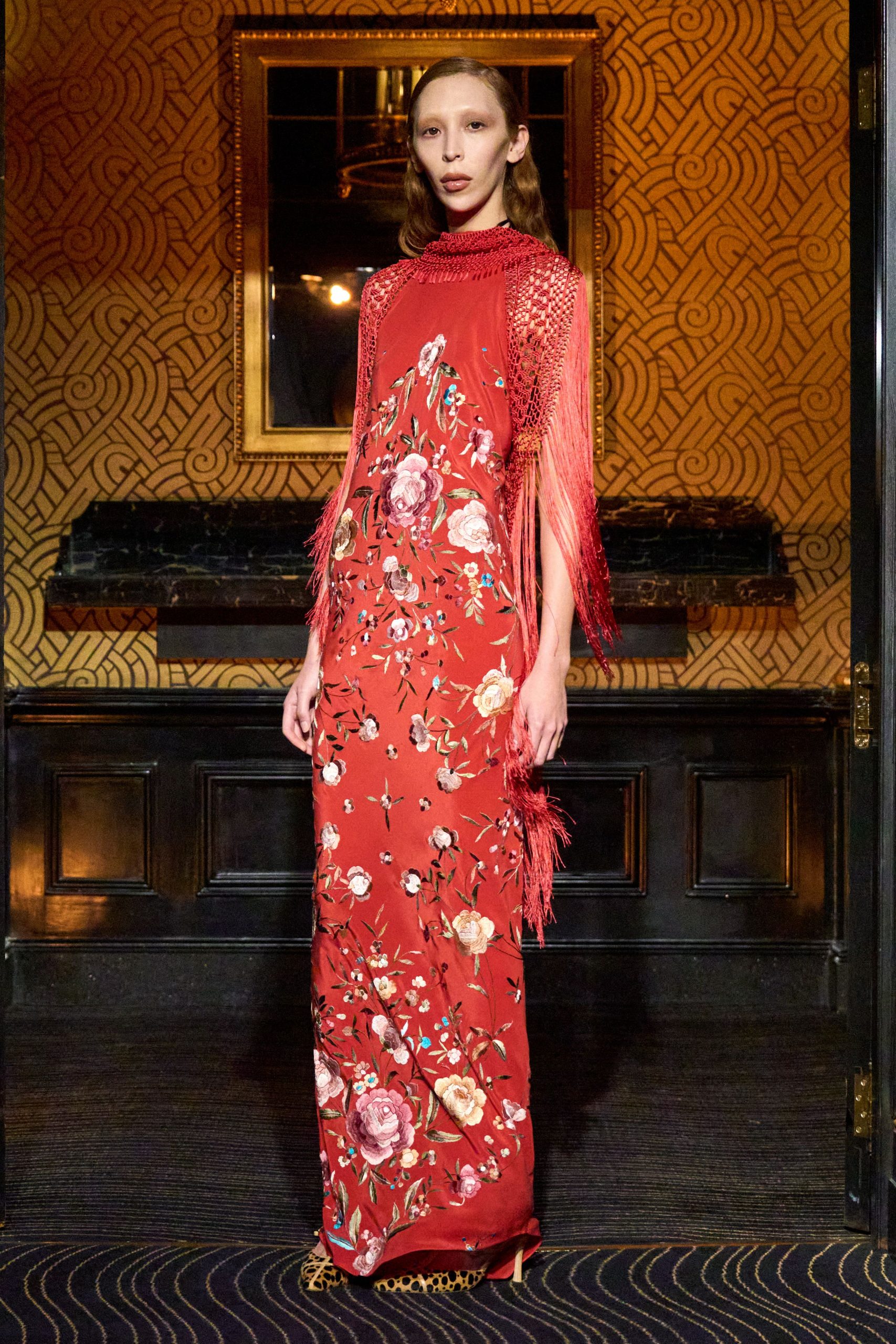 red embroidered maxi gown with fringes