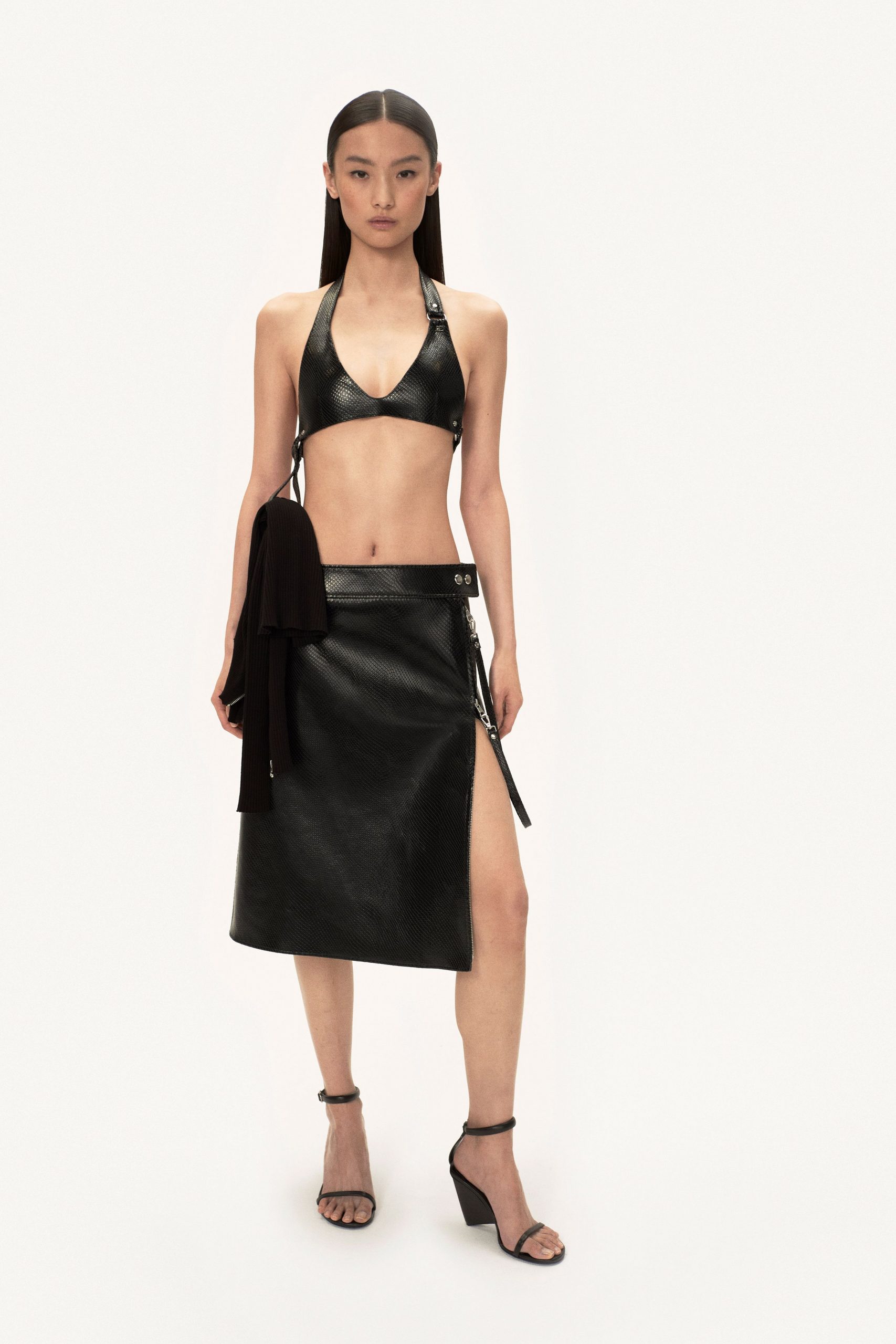 black leather bikini and skirt