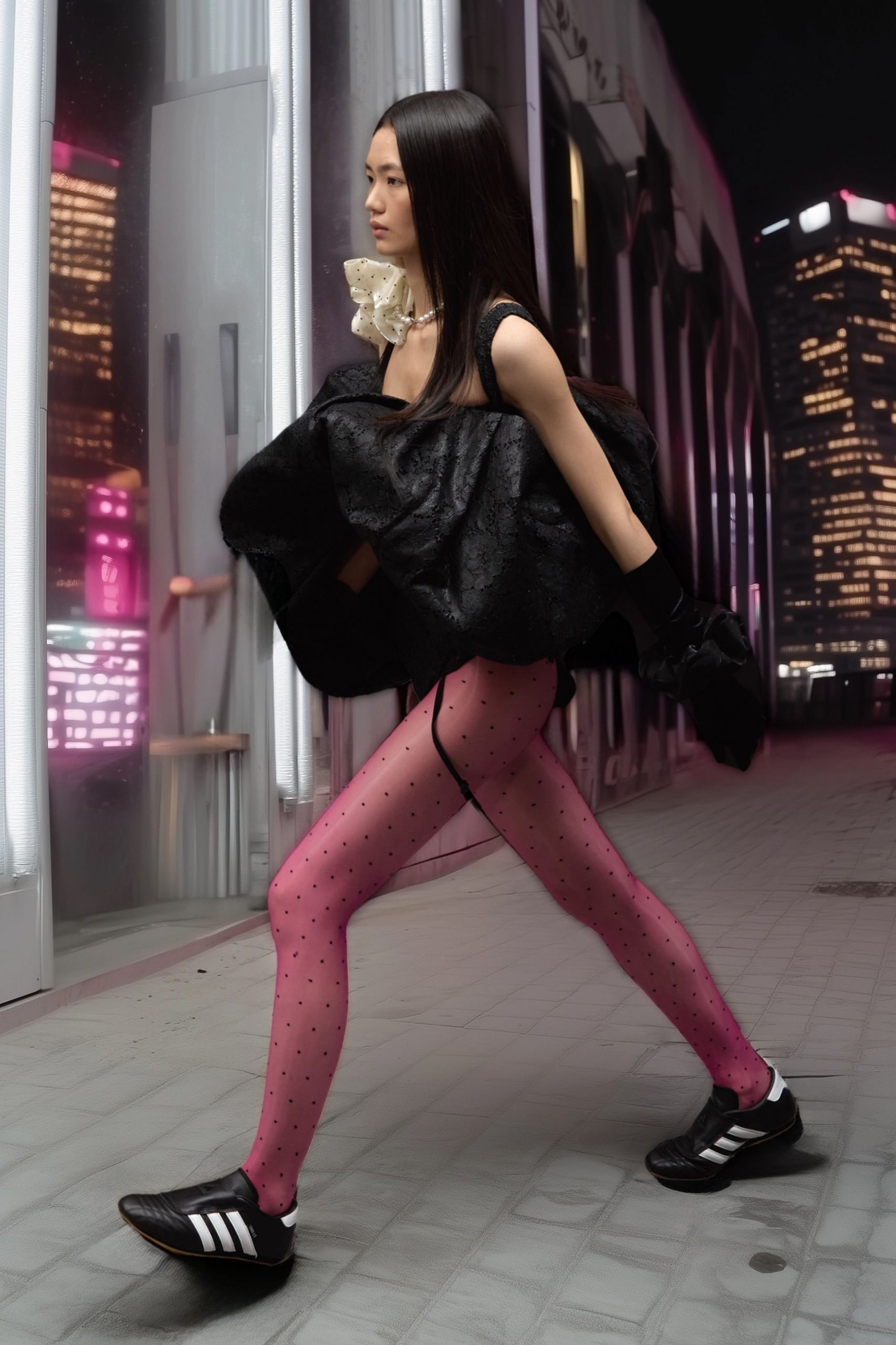 black ruffled mini dress with pink leggings