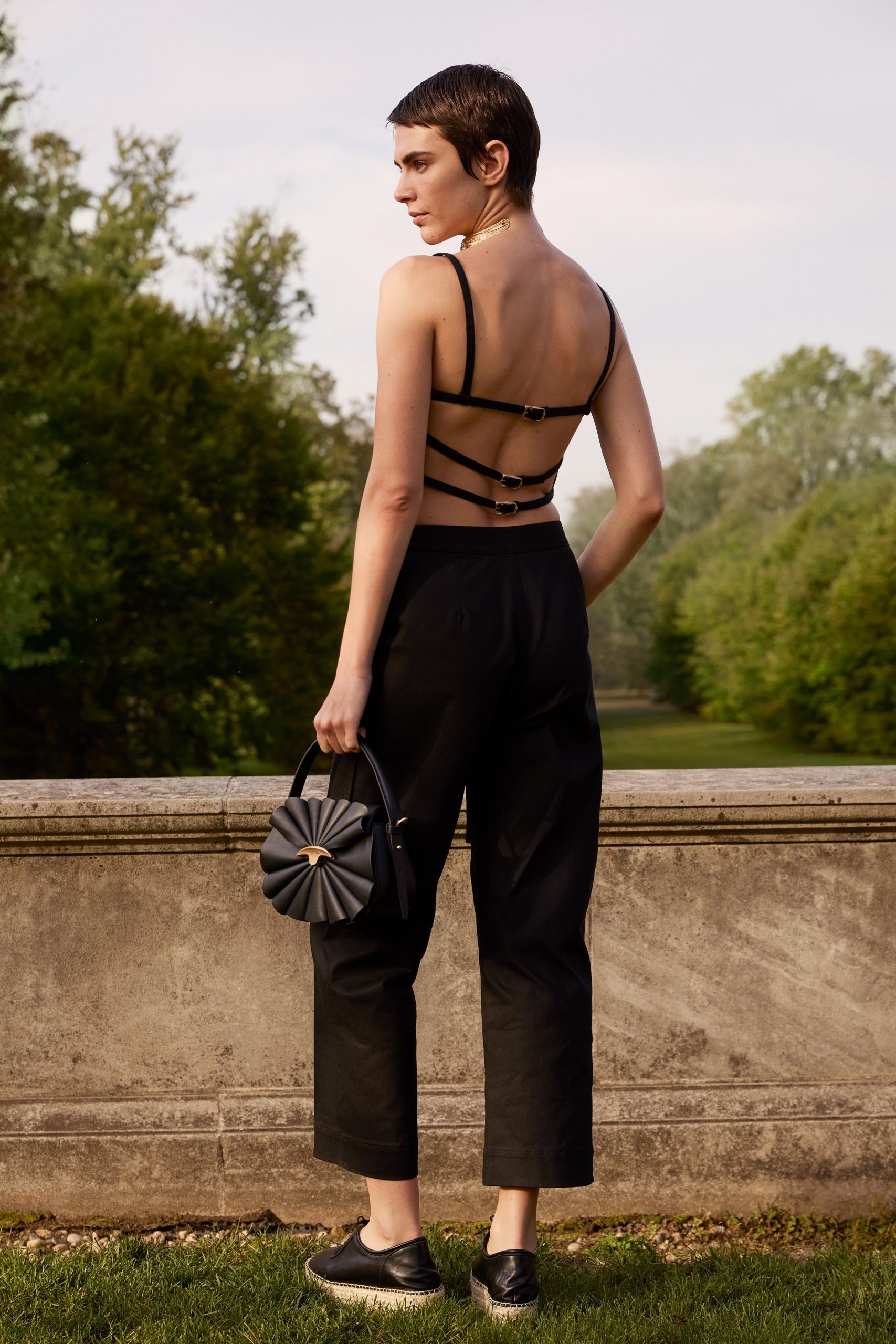 black fitted top with relaxed pants