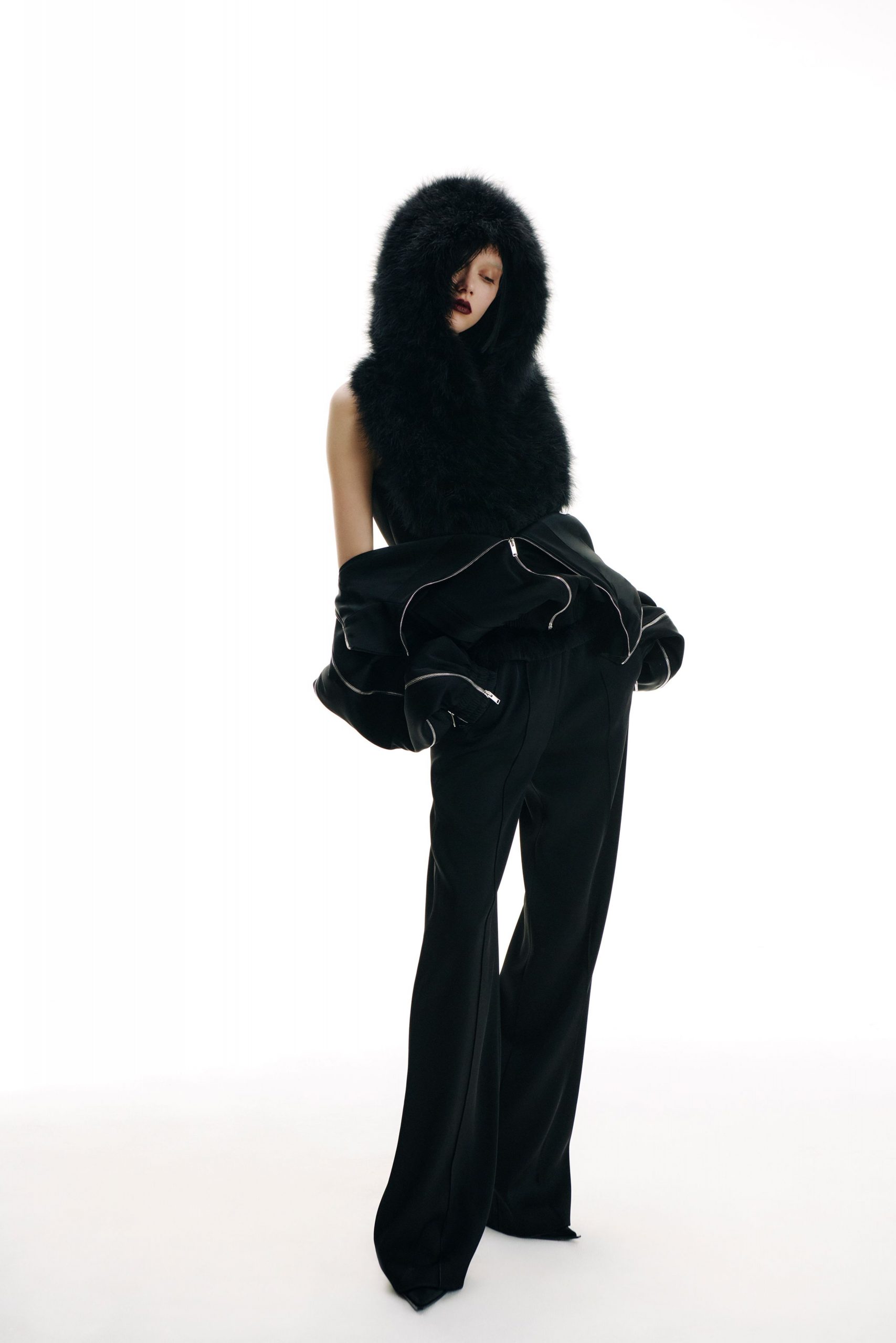 black fitted pants with relaxed jacket