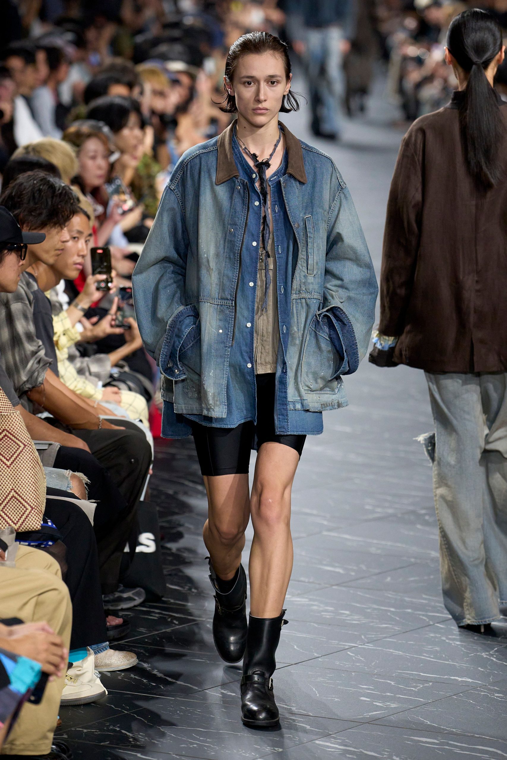 denim jacket gray top black shorts