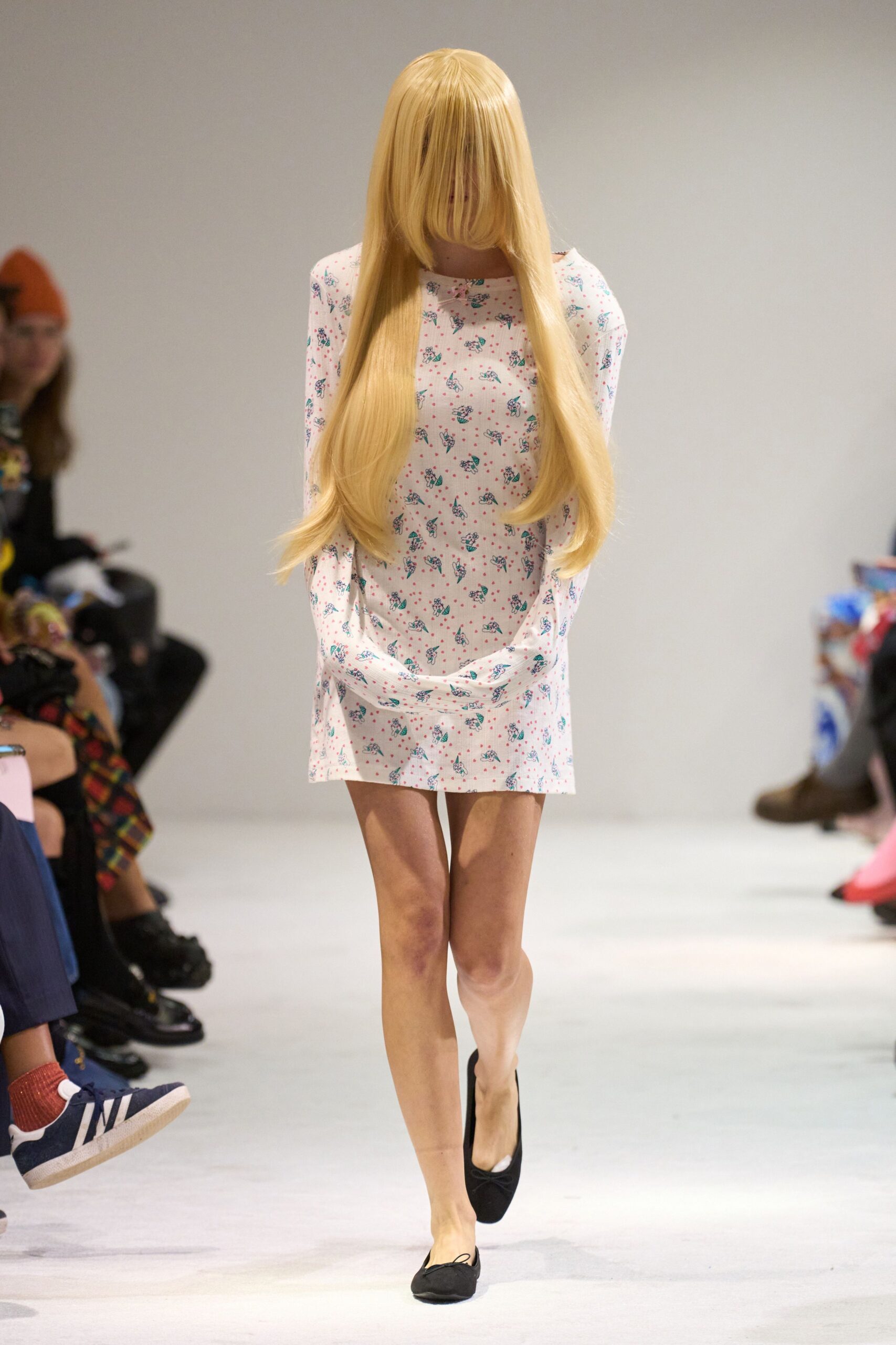 white floral mini-dress with black shoes